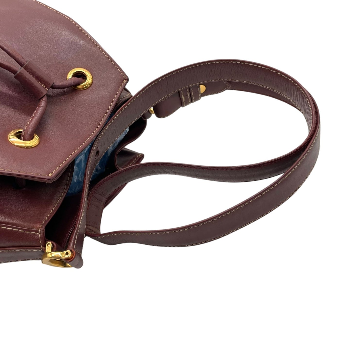 美品 Cartier カルティエ マストライン 巾着型 ショルダーバッグ 赤 ボルドー ワインレッド レザー ゴールド金具 ロゴ 2Cモチーフ 斜め掛け可 レディース ギャランティカード付き K12