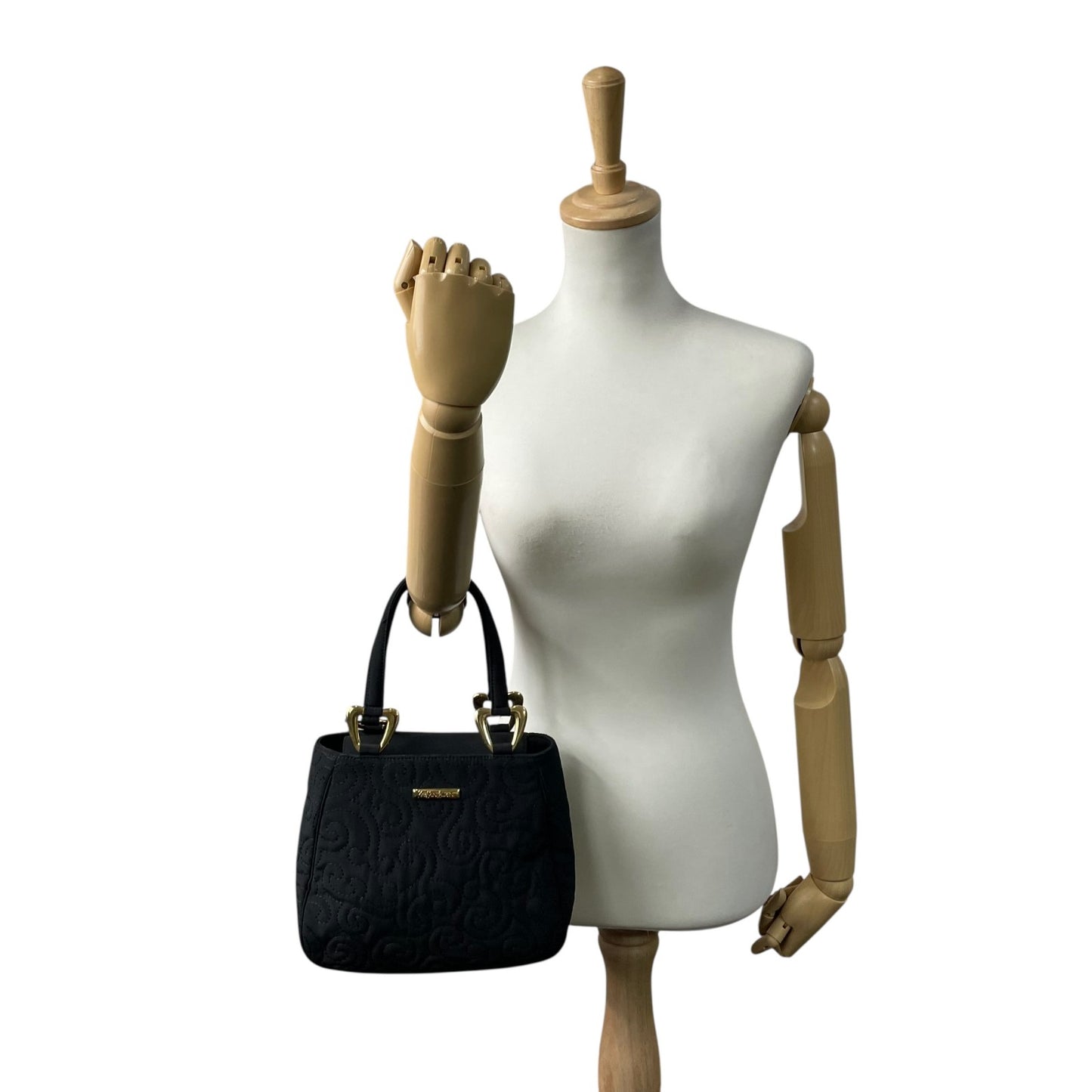 美品 希少 サンローラン Yves Saint Laurent ハンドバッグ ブラック 黒 ゴールド金具 金金具 キルティング調 スワール柄 高級 上品 レディース ヴィンテージ C4