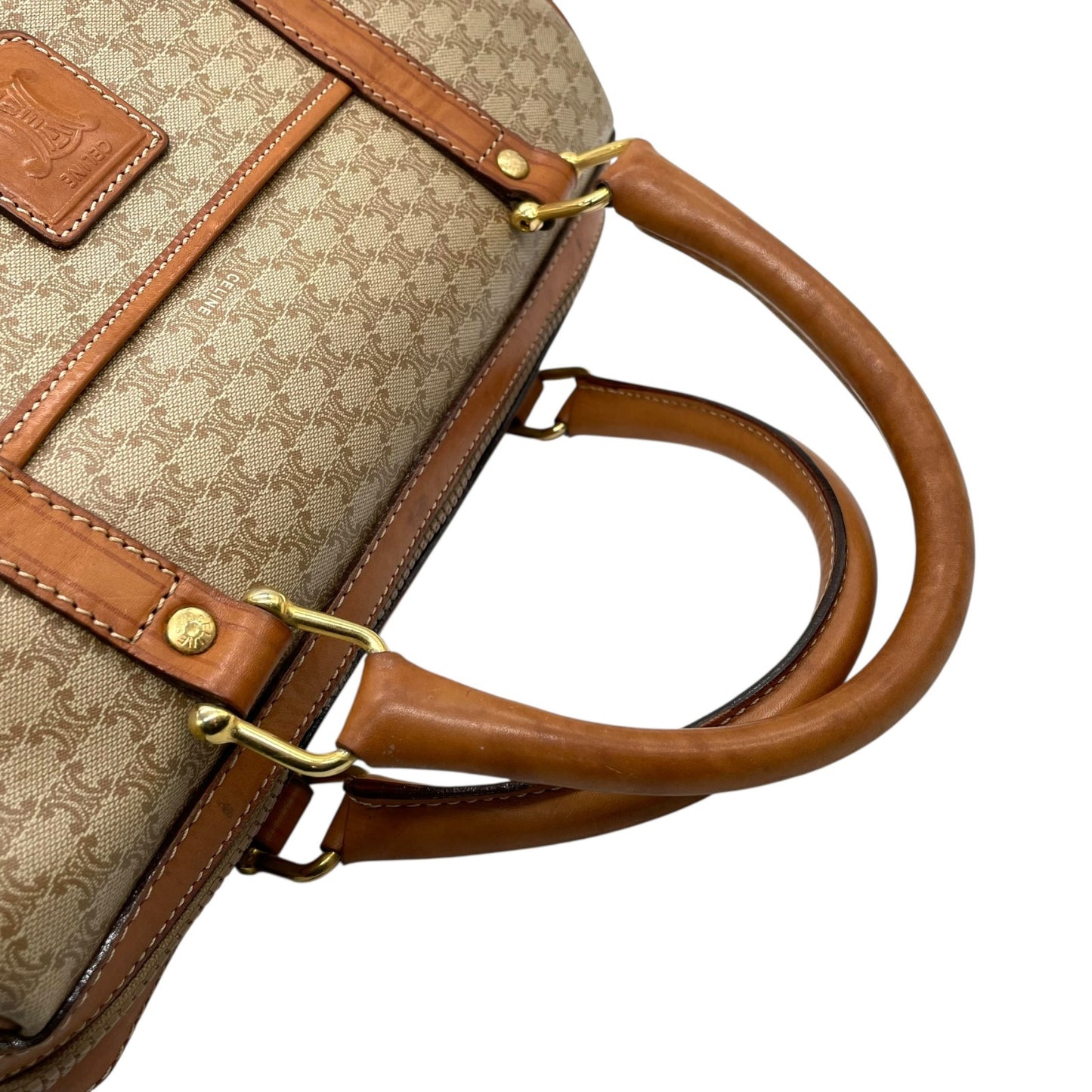 美品 セリーヌ CELINE マカダム柄 ボストンバッグ ハンドバッグ ブラウン 茶色 ベージュ トリオンフロゴ PVC×レザー ヴィンテージ 大容量 バッグ B