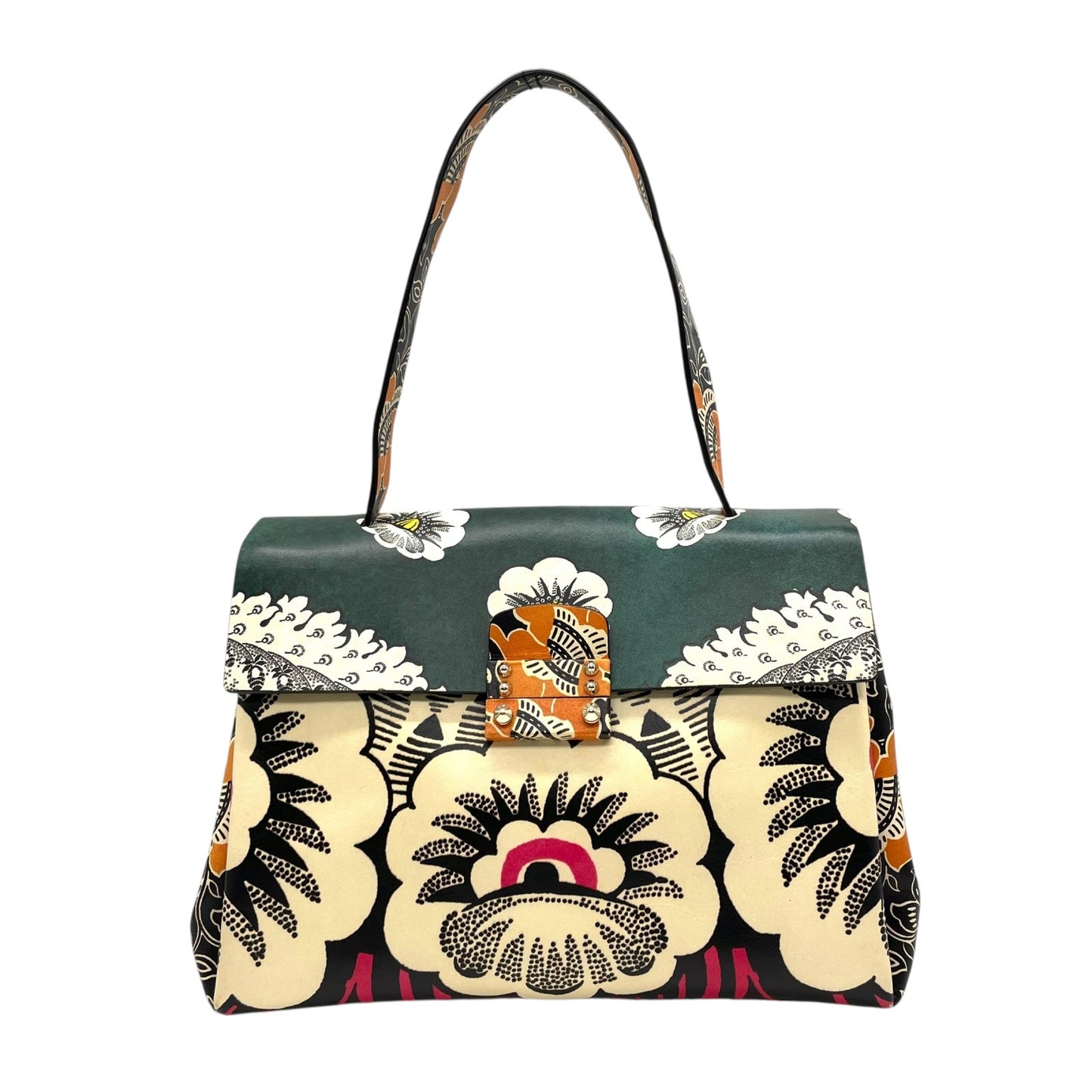 希少 美品 VALENTINO GARAVANI ヴァレンティノ・ガラヴァーニ ハンドバッグ フローラルプリント マイム シングルハンドル グリーン系 マルチカラー レザー シルバー金具 レディース D