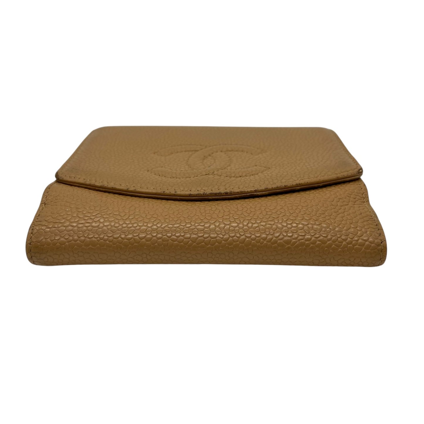 シャネル CHANEL 三つ折り財布 キャビアスキン調 レザー ココマーク 型押し キャメル ゴールド金具 金金具 箱・カード付 シール付 W2