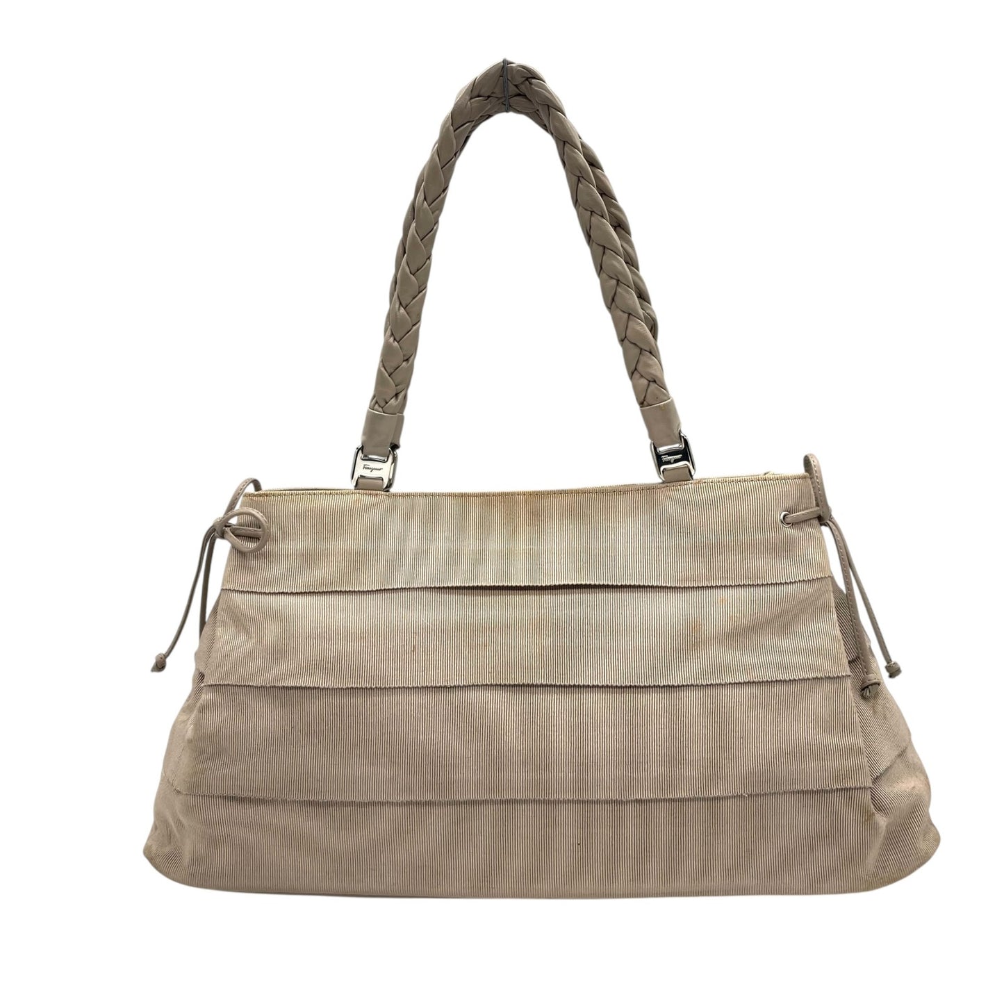 サルヴァトーレフェラガモ ハンドバッグ 編み込みレザーハンドル グレー キャンバス トートバッグ 肩掛け可能 K2