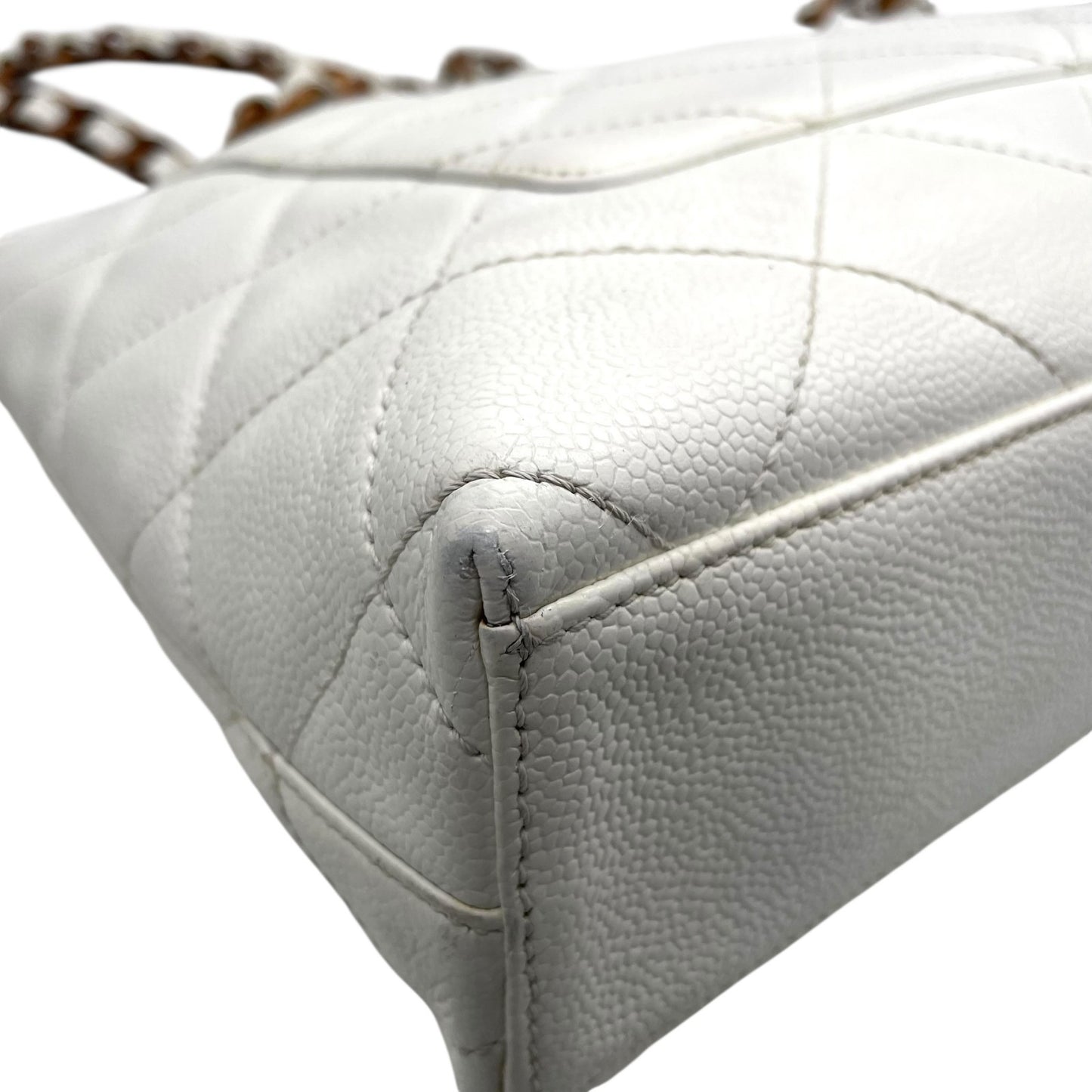シャネル CHANEL トートバッグ キャビアスキン マトラッセ ココマーク 白 ホワイト ブラウンチェーン シルバー金具 C
