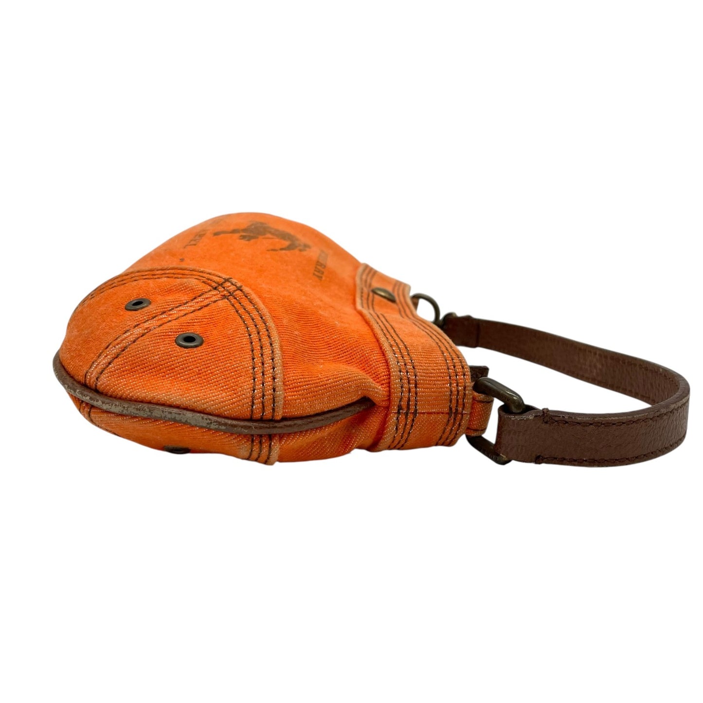 BURBERRY BLUE LABEL バーバリーブルーレーベル アクセサリーポーチ ミニハンドバッグ ホースロゴ オレンジ 茶 ブラウン キャンバス レザー ゴールド金具 Y2K レディース U9