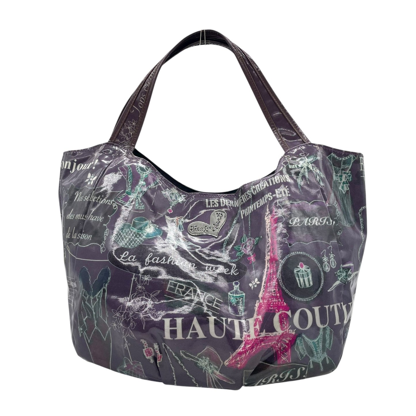 シンクビー Think Bee! ハンドバッグ トートバッグ パリ柄 エッフェル塔 ロゴ プリント 光沢 黒 ブラック レディース S90