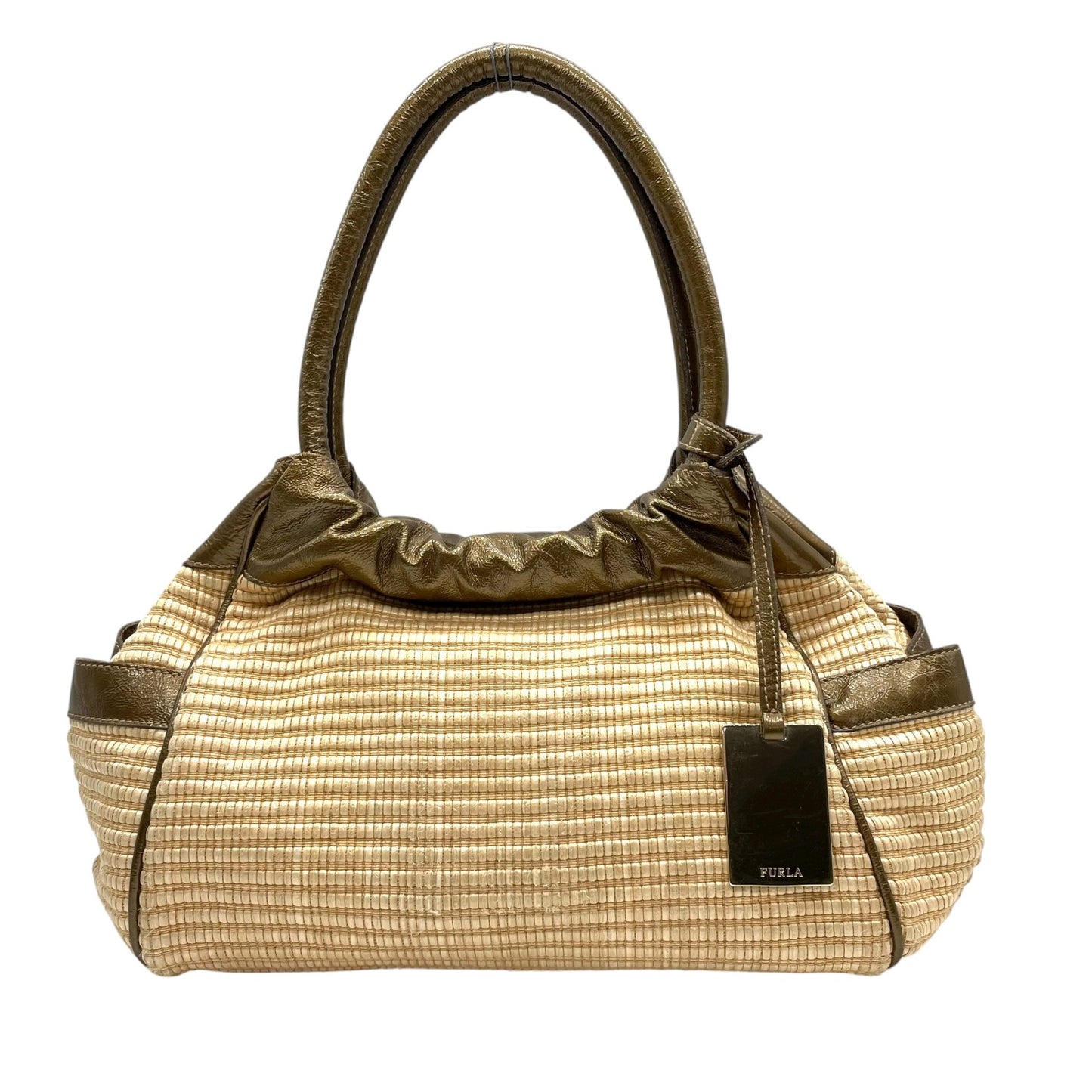 フルラ FURLA ラフィア レザー ハンドバッグ トート カーキ ベージュ ナチュラル 高級感 かごバッグ C2