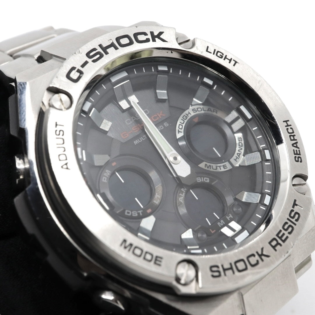 美品 CASIO カシオ G-SHOCK Gスチール GST-W110D ソーラー電波 シルバー メタル フルメタル 腕時計 メンズ クロノグラフ ワールドタイム アラーム タイマー LEDバックライト カシオ ジーショック CASIO GSTW110D G4
