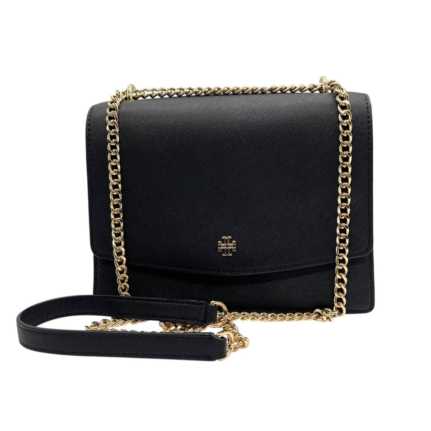 美品 トリーバーチ TORY BURCH チェーンショルダーバッグ ハンドバッグ 肩掛け 型押し 2WAY 黒 ブラック 金 ゴールド レザー ミニバッグ A1