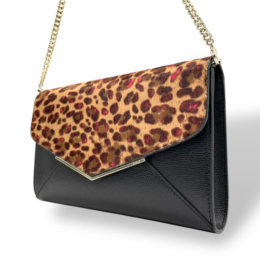 美品 フルラ FURLA チェーンショルダーバッグ チェーンショルダー クラッチバッグ 2WAY レオパード柄 黒 ブラック レザー 型押し 金金具 ゴールド金具 上品 クラッチ S52