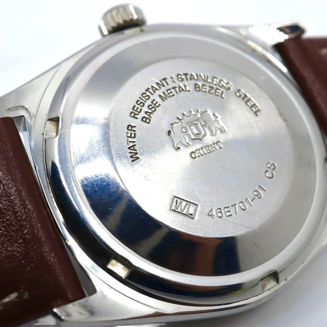 【極美品】 稼働品 新品ベルト ORIENT オリエント 腕時計 46E701-91 自動巻き 21石 デイデイト シルバーダイヤル メンズ アナログ ドレスウォッチ フルーテッドベゼル クラシック ヴィンテージ ビジネス ブラウンレザー G4