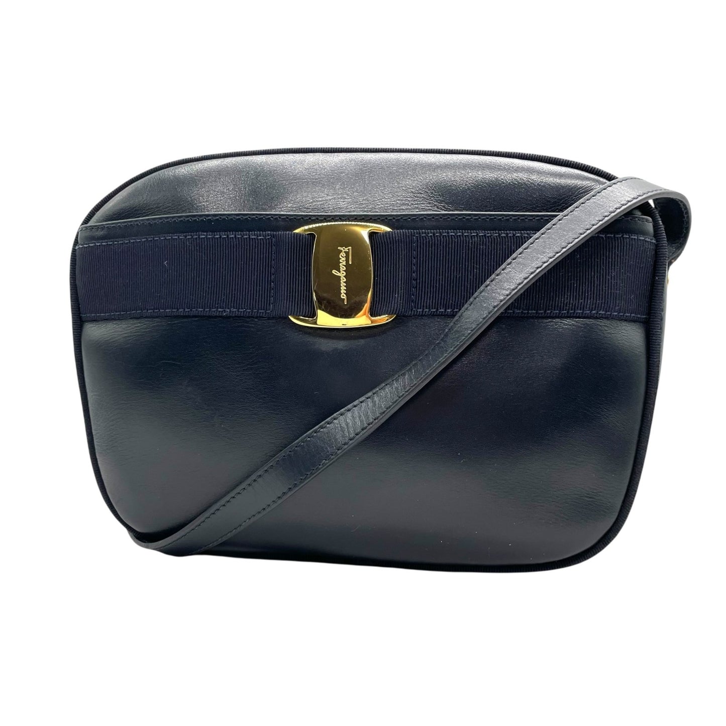 美品 サルヴァトーレ フェラガモ Salvatore Ferragamo ヴァラリボン ショルダーバッグ 紺 ネイビー レザー ゴールド金具 レディース B3