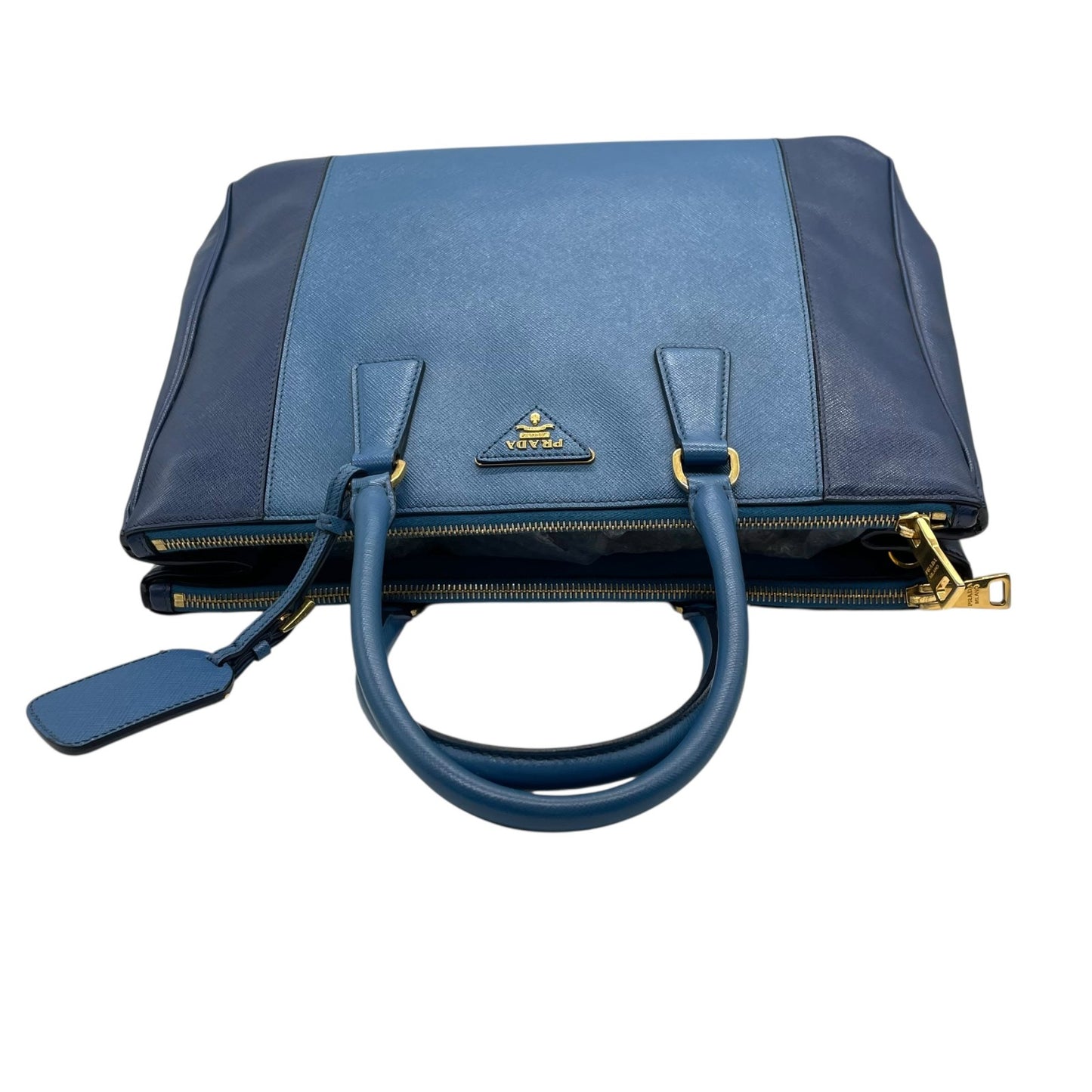 極美品 プラダ PRADA ガレリア ハンドバッグ トートバッグ 2way ショルダーバッグ サフィアーノレザー 三角ロゴ ブルー ゴールド金具 ハンドバッグ メンズ レディース A