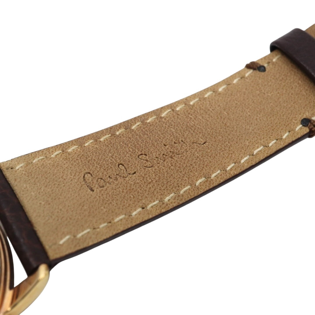 【美品】ポールスミス 腕時計 The City Slim 1005 メンズ クオーツ アナログ シルバーダイヤル ブラウンレザーベルト ゴールドケース シンプル クラシック ビジネス ドレスウォッチ エレガント 薄型 クリーニング済み G2
