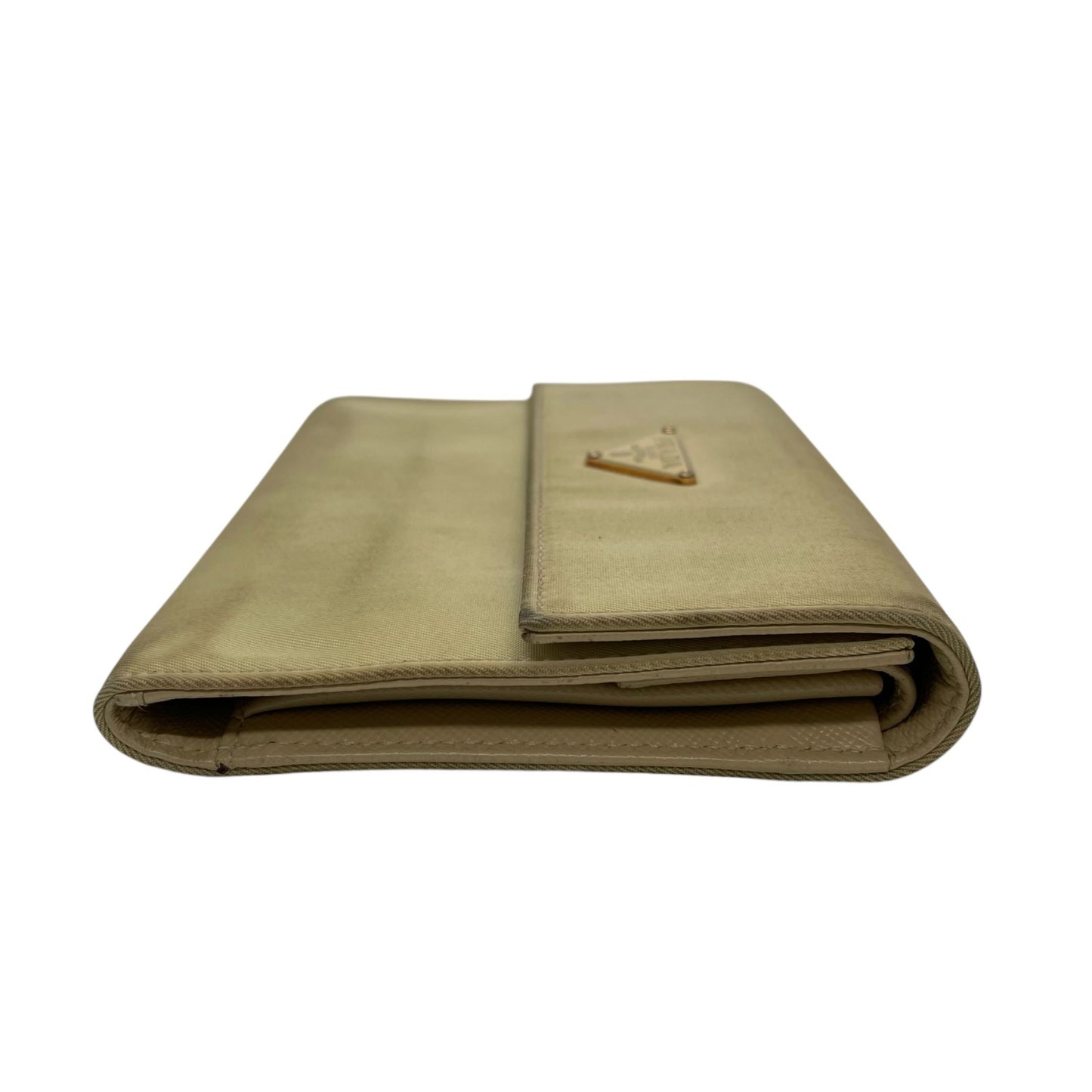 プラダ PRADA 三つ折り財布 コンパクトウォレット ベージュ ナイロン レザー 三角ロゴプレート トライアングルロゴ ゴールド金具 レディース M1