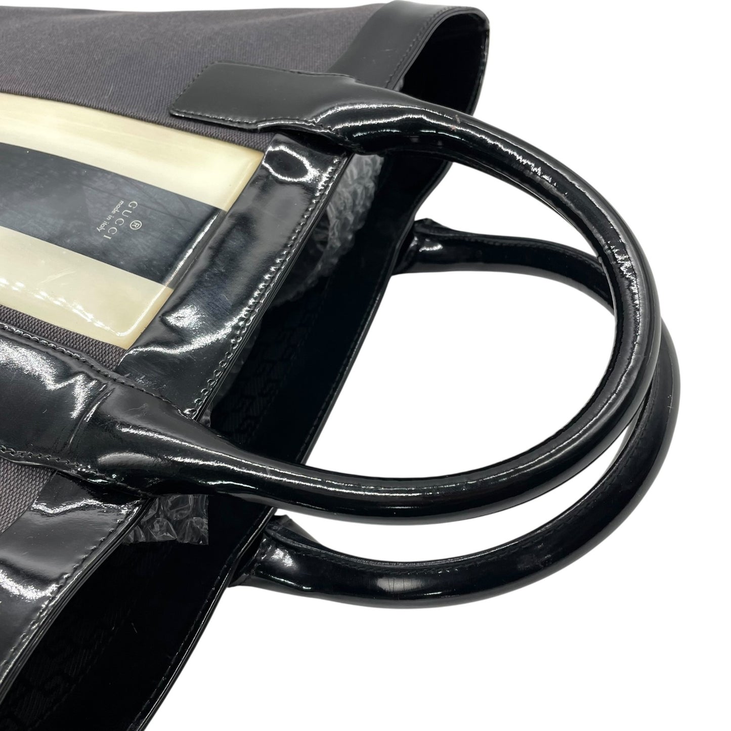 グッチ GUCCI トートバッグ ハンドバッグ ネイビー ブラック キャンバス パテントレザー 手提げ メンズ ゴールド金具 ストライプ E