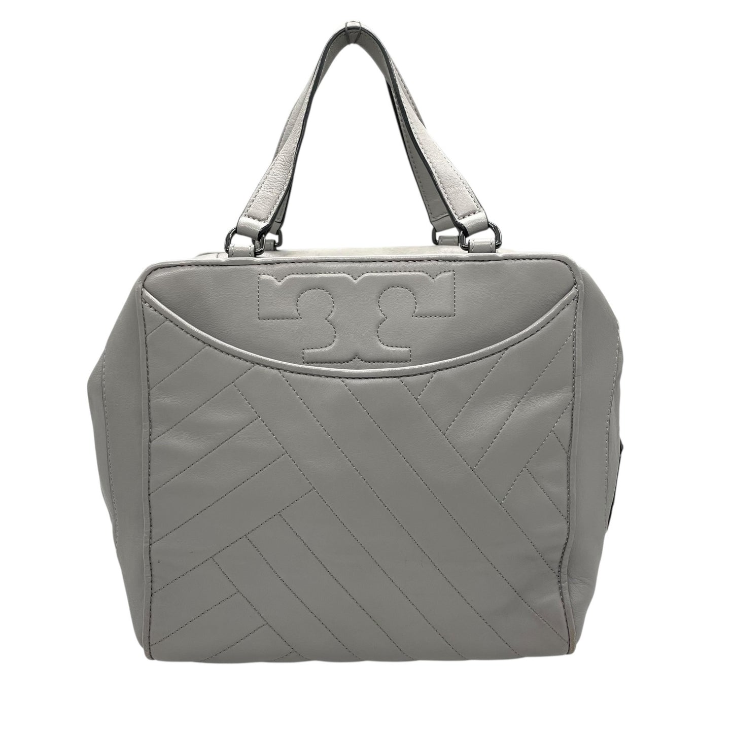 トリーバーチ TORY BURCH 2WAY ハンドバッグ ショルダーバッグ グレー レザー ブラック金具 スクエア型 ロゴ 斜め掛け可 ファスナー開閉 レディース U11