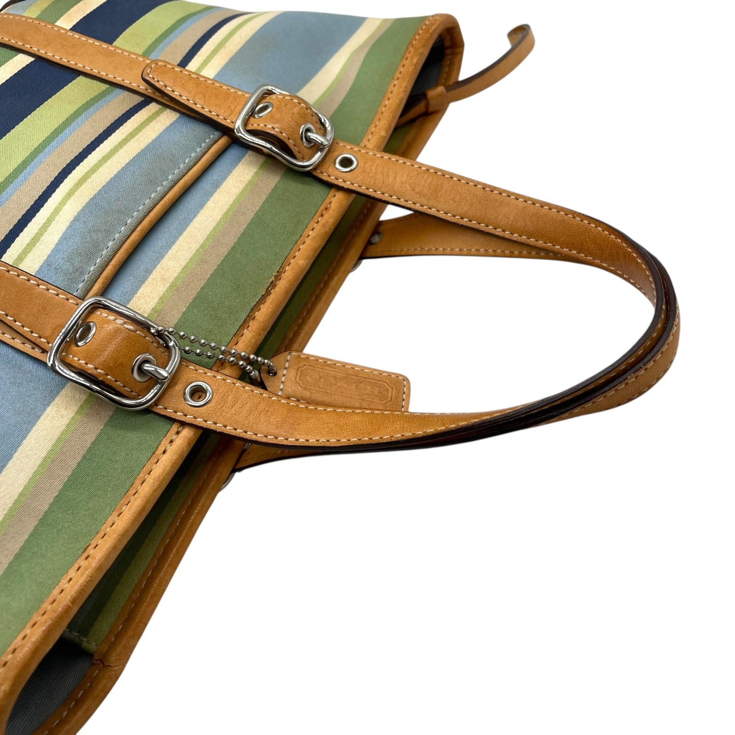 コーチ COACH ハンドバッグ ミニトート マルチストライプ ボーダー キャンバス レザー ロゴチャーム ファスナー開閉 ネイビー ブルー グリーン マルチカラー シルバー金具 手提げ レディース T1