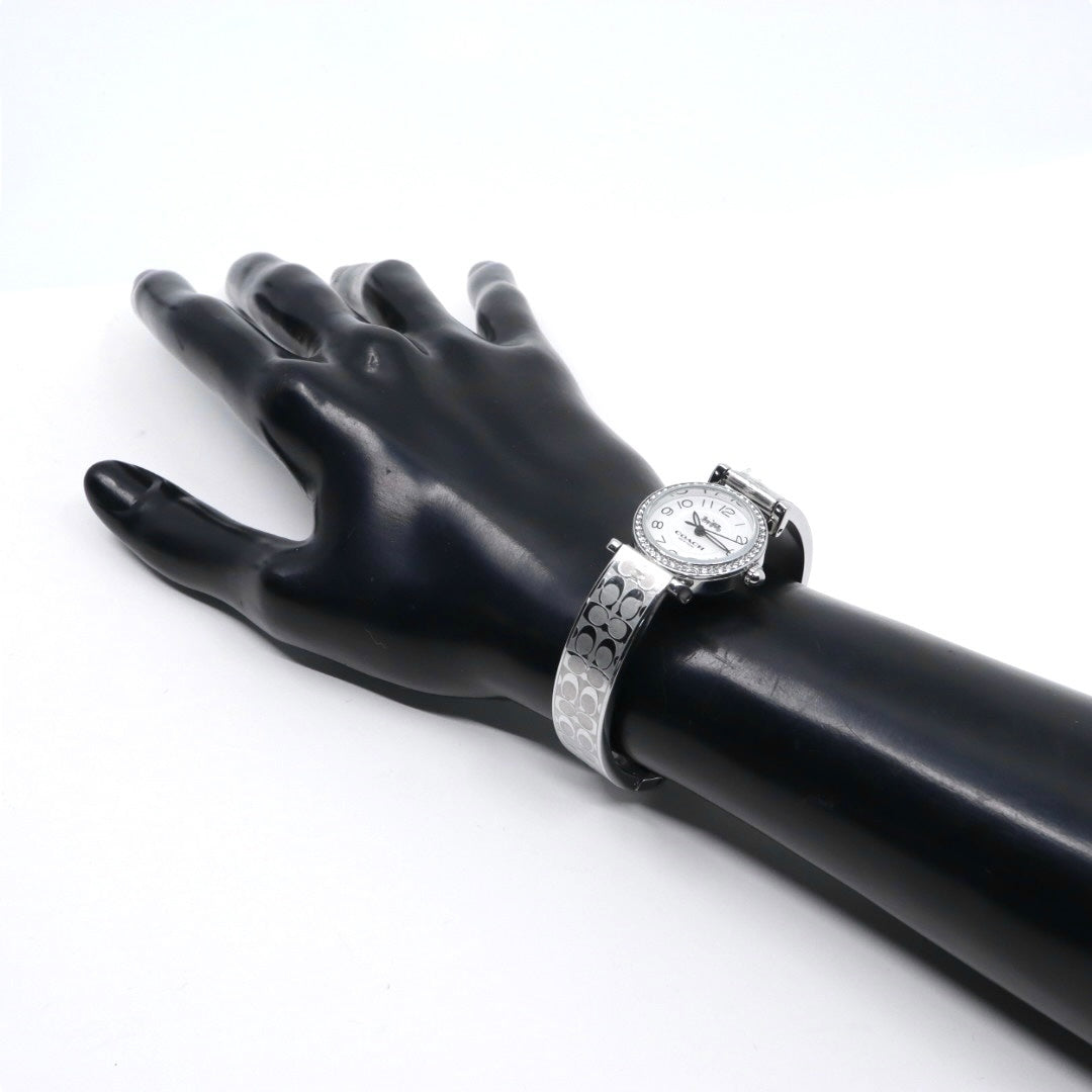 美品 電池交換済 コーチ COACH 腕時計 CA.66.7.95.1489S レディースウォッチ クォーツ ラインストーンベゼル シルバー ホワイト文字盤 シグネチャー柄ブレスレット アナログ エレガント クラシック ドレスウォッチ 稼働品 G3