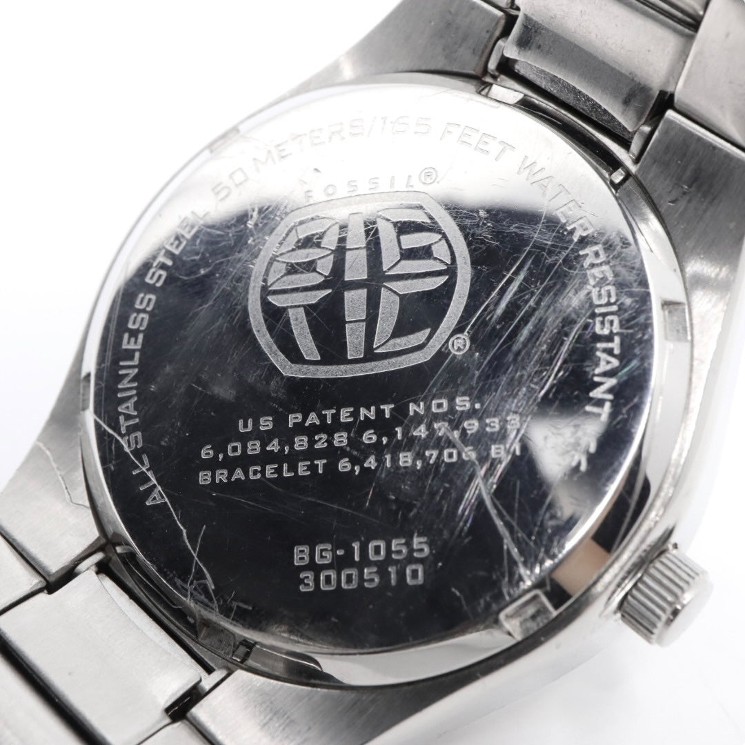 美品 電池交換済 クリーニング済 フォッシル FOSSIL 腕時計 BG-1055 メンズウォッチ クォーツ 漢数字インデックス シルバー ブラック ステンレススチール アナログ ユニークデザイン カジュアル 稼働品 G3