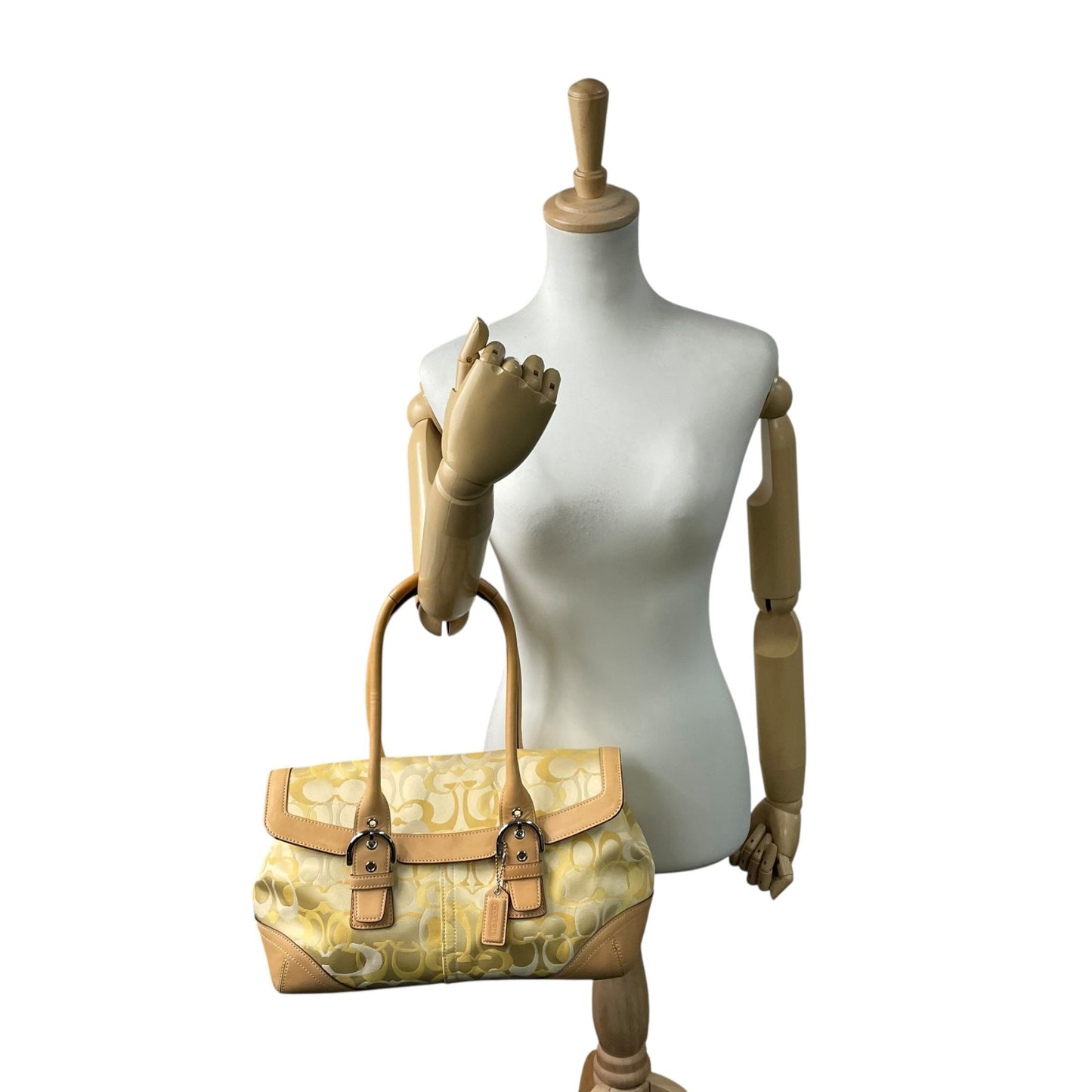 未使用級 COACH コーチ オプティック シグネチャー 6722 ハンドバッグ キャンバス レザー イエロー ブラウン シルバー金具 横長 Y2K レディース U10