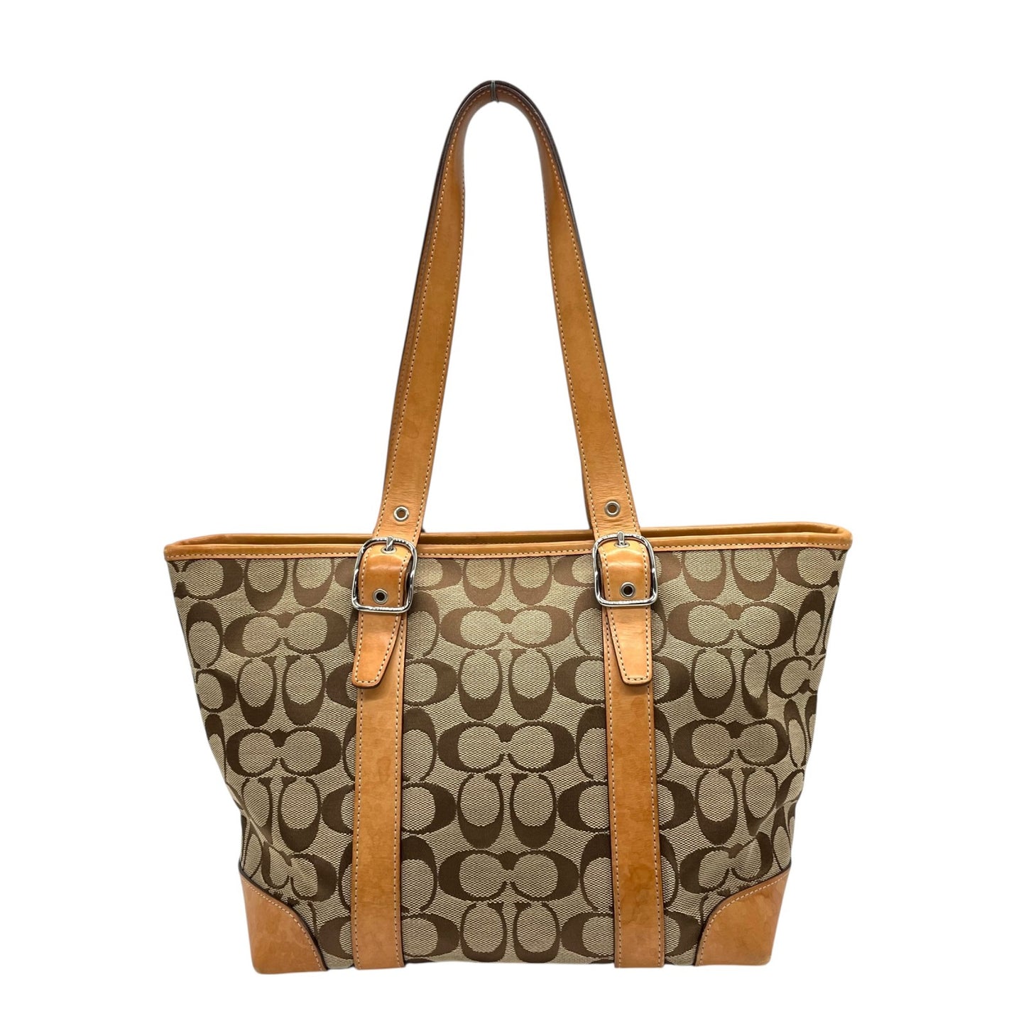 COACH コーチ シグネチャー キャンバス トートバッグ レザー 茶 ブラウン ベージュ シルバー金具 肩掛け可 ファスナー開閉 レディース S11