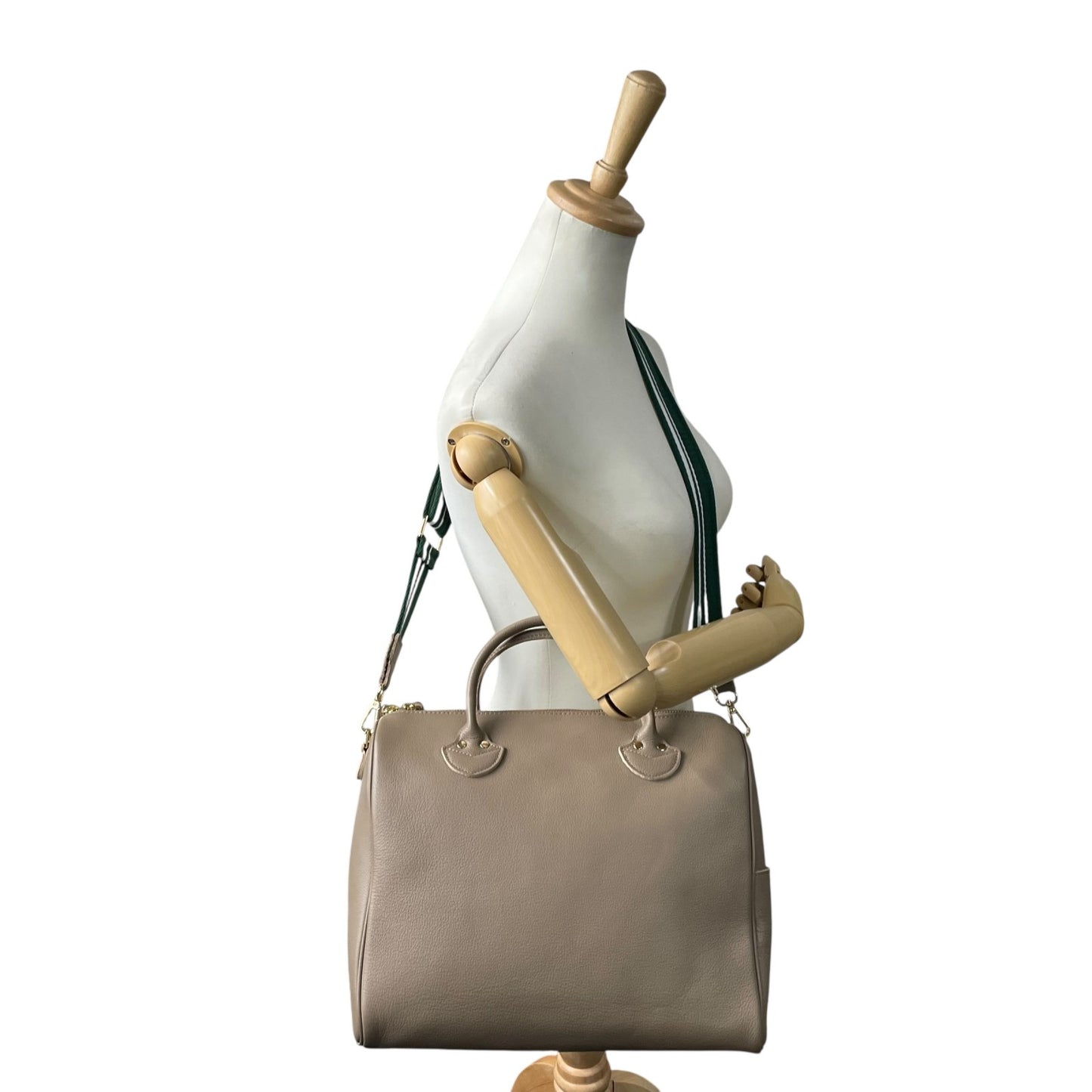 未使用級 ペルケ 2WAY ハンドバッグ ボストンバッグ ショルダーバッグ 牛革 オイルレザー オーク グレージュ テープショルダー ゴールド金具 手提げ 斜め掛け可 perche レディース Q