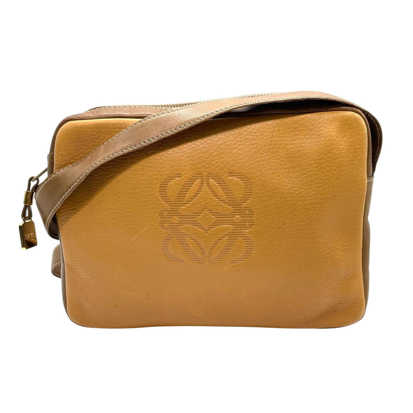 LOEWE ロエベ ショルダーバッグ 茶 ブラウン キャメル レザー ゴールド金具 アナグラム 斜め掛け可 レディース ヴィンテージ K10