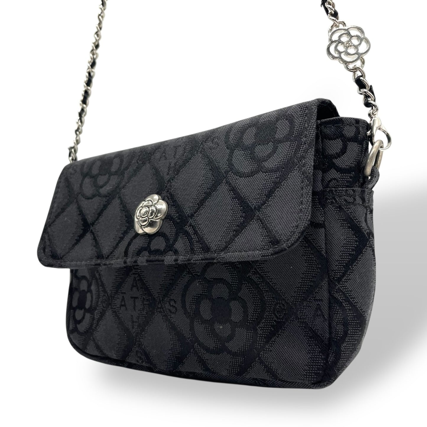 未使用級 クレイサス CLATHAS ショルダーバッグ ミニバッグ 黒 ブラック キャンバス シルバー金具 チェーンショルダー カメリア柄 ロゴ 斜め掛け可 レディース E6