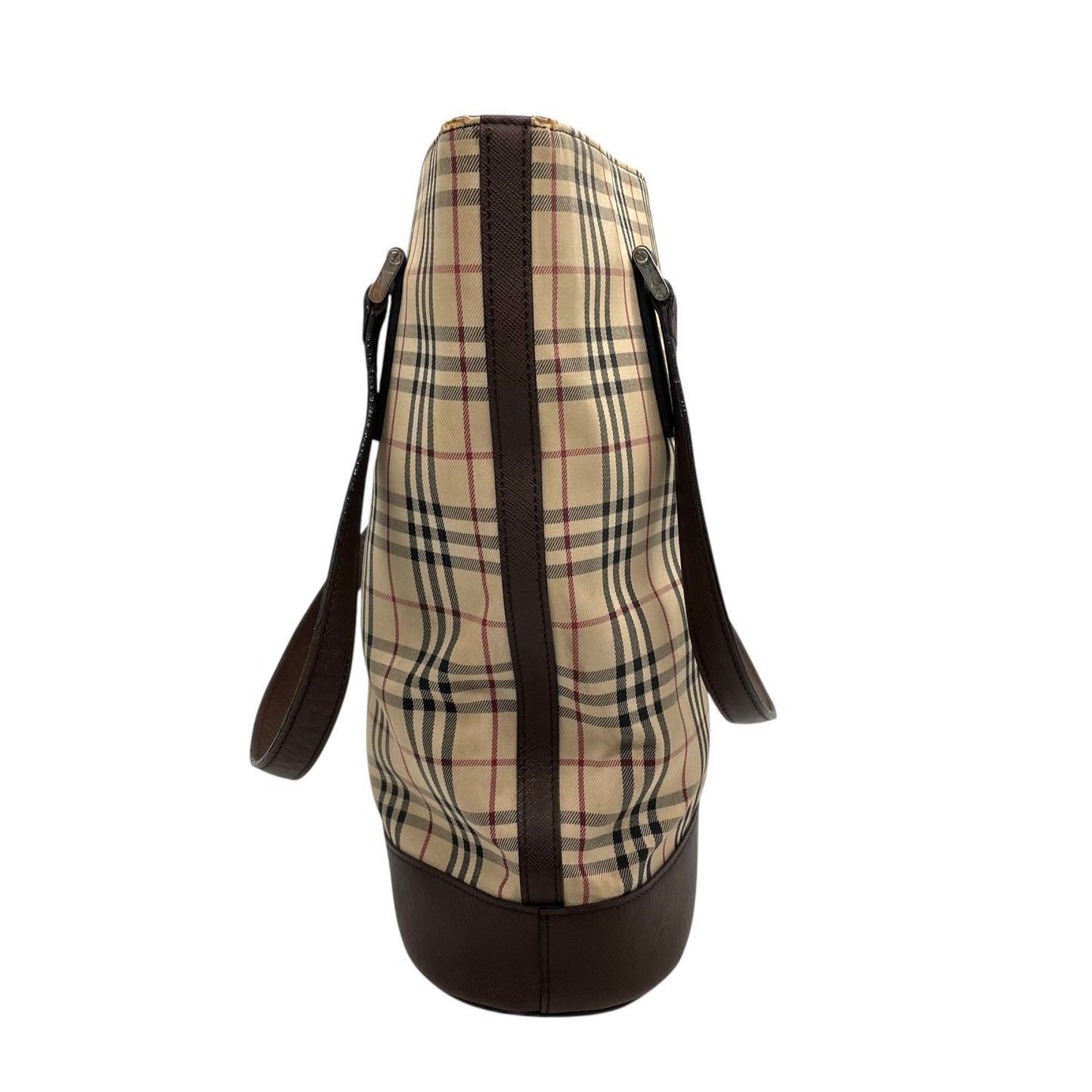 バーバリー BURBERRY トートバッグ ノバチェック キャンバス レザー ベージュ ブラウン 茶 シルバー金具 バケツ型 ロゴ型押し レディース A8