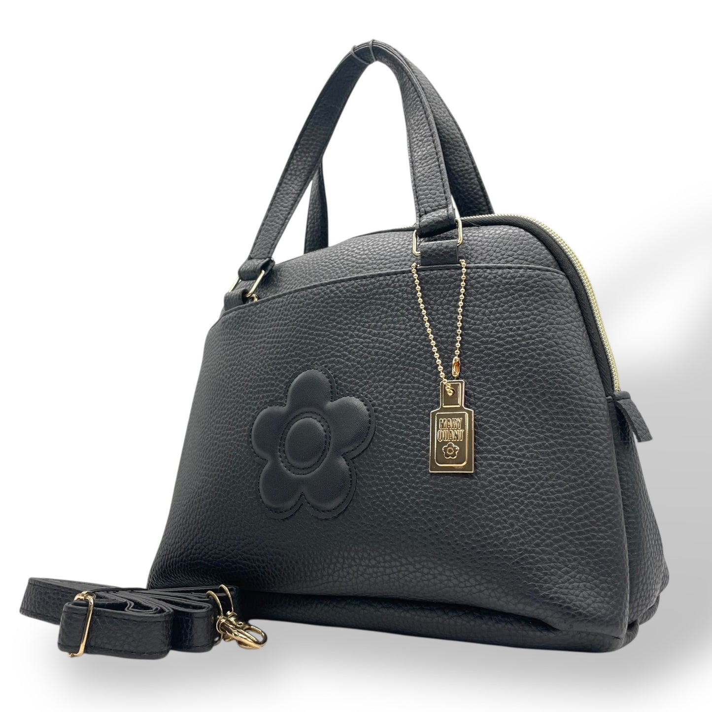 マリークヮント MARY QUANT 2WAY ハンドバッグ ショルダーバッグ 黒 ブラック レザー調 フラワー 花 モチーフ 金金具 ゴールド金具 チャーム付き T8