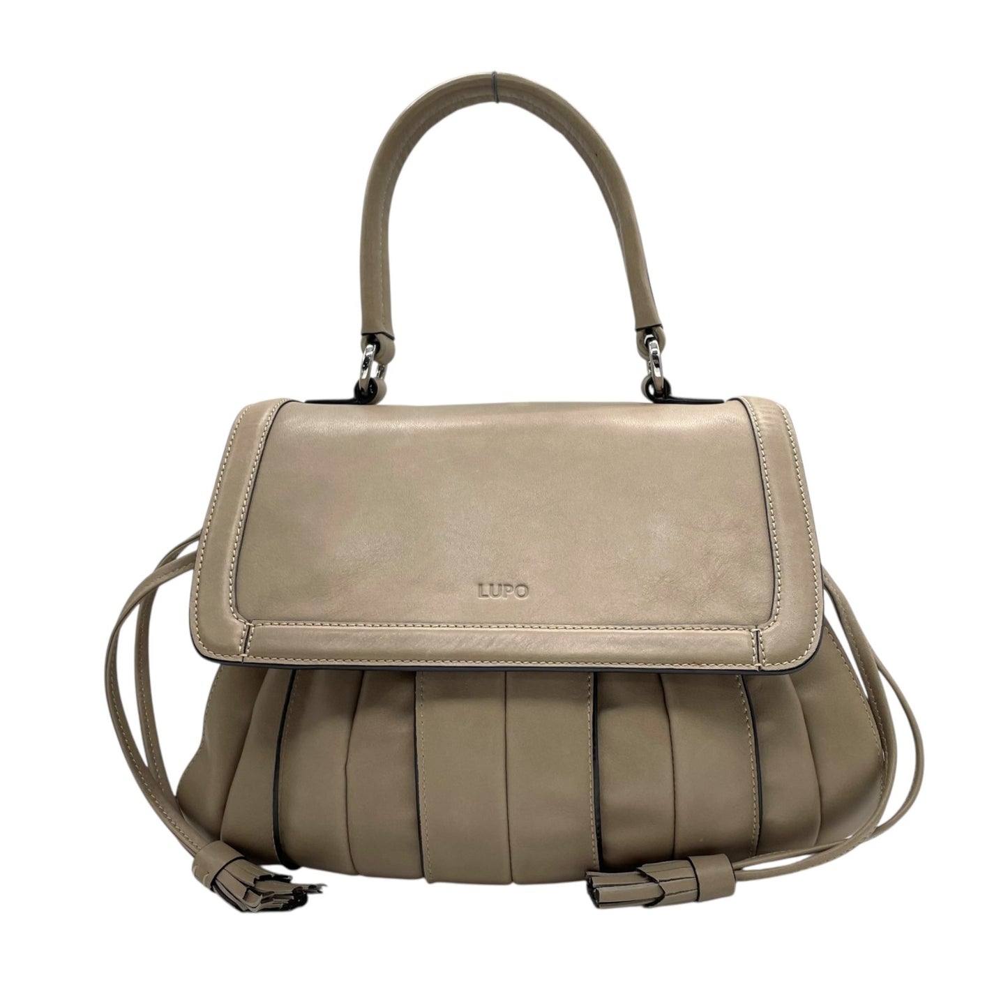 美品 ルポ LUPO ハンドバッグ グレージュ ベージュ レザー ショルダーストラップ付 肩掛け 2WAY フラップデザイン 上品カラー C6