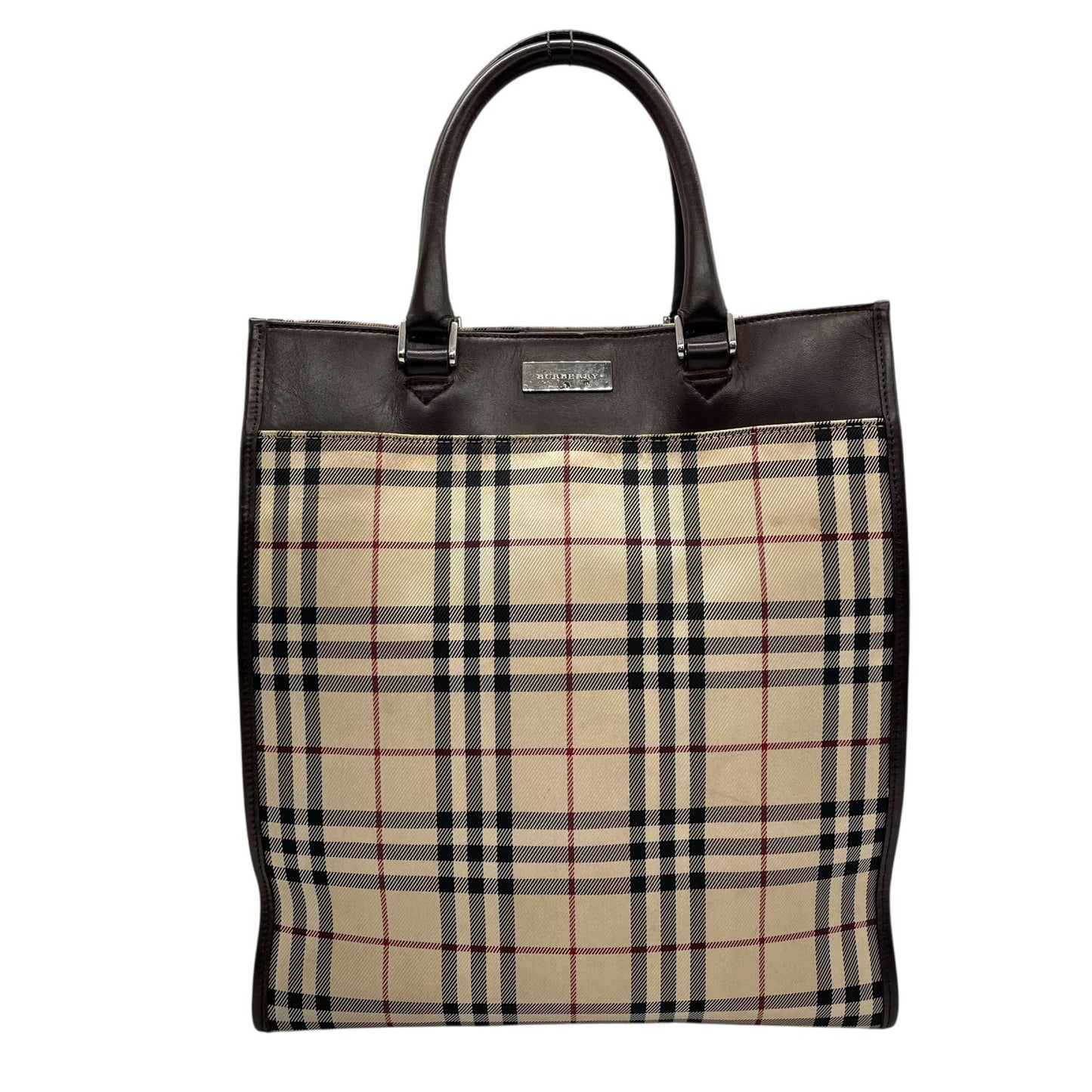 バーバリー BURBERRY ノバチェック ハンドバッグ トートバッグ スクエアトート ベージュ ブラウン 茶 チェック柄 キャンバス レザー シルバー金具 ロゴ レディース メンズ K7