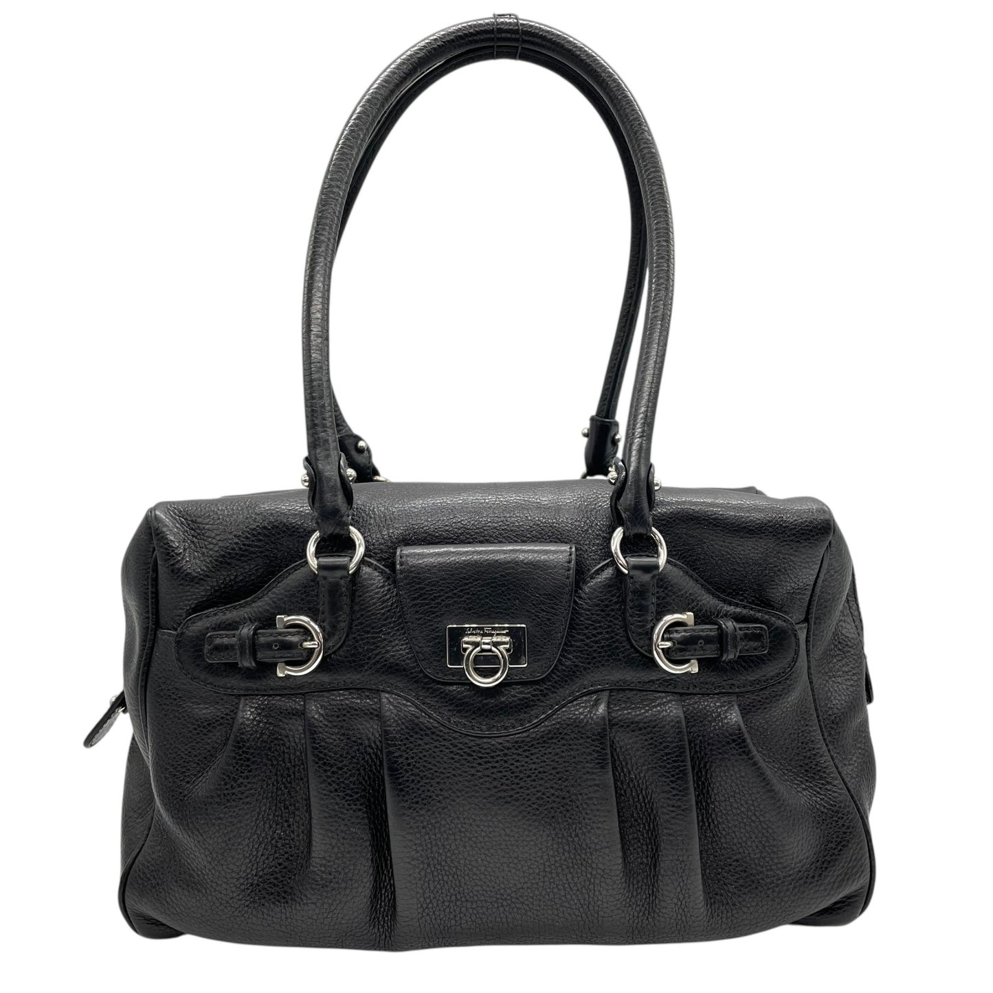 美品 サルヴァトーレ フェラガモ Salvatore Ferragamo ガンチーニ ハンドバッグ ミニボストン ワンショルダー ブラック 黒 NERO レザー シルバー金具 ロゴ 肩掛け可 レディース A