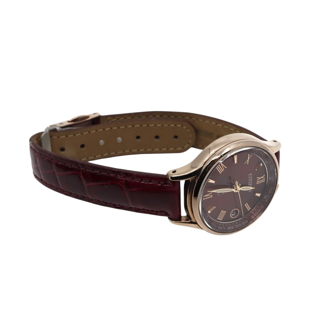 【美品】シチズン xC クロスシー 腕時計 エコドライブ電波時計 H246 チタン ローズゴールド レッド サンバースト レザーベルト レディース G4