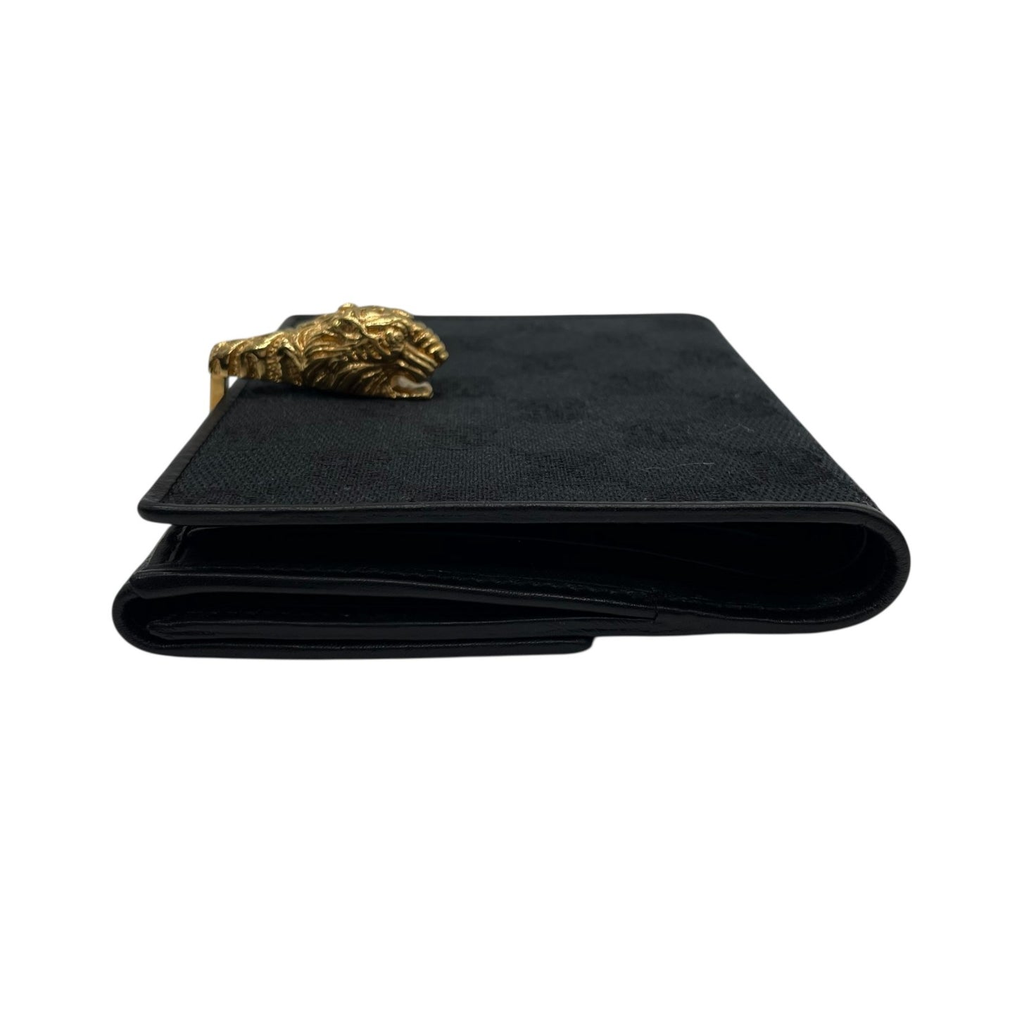 【美品】GUCCI グッチ GGキャンバス タイガーヘッド 二つ折り財布 コンパクトウォレット GG柄 虎 キャンバス レザー ブラック ゴールド金具 ヴィンテージ レディース M2