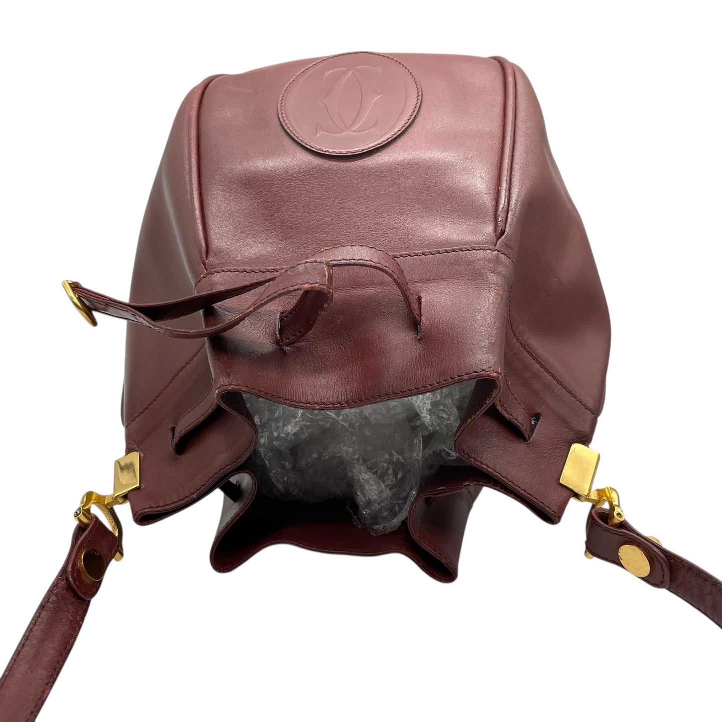 カルティエ マストライン ショルダーバッグ 巾着型 ボルドー ワインレッド レザー ゴールド金具 ロゴ型押し ヴィンテージ レディース A8