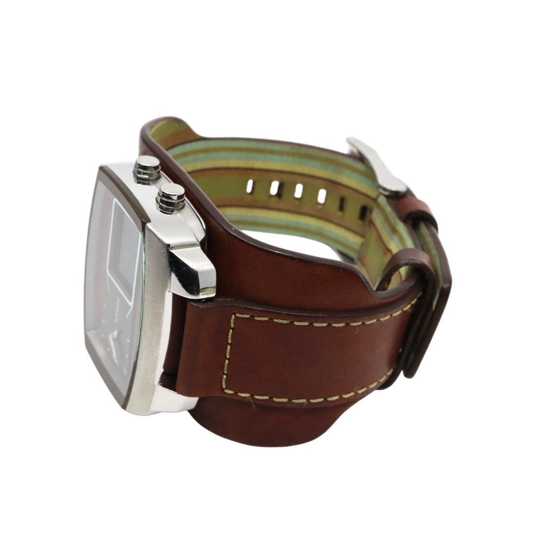 【美品/稼働品】フォッシル 腕時計 JR-9633 アナデジ ウッド調文字盤 カフレザー ワイドベルト ブラウン シルバー メンズ クオーツ ヴィンテージ レトロ 個性的 デザインウォッチ ストリート カジュアル G9