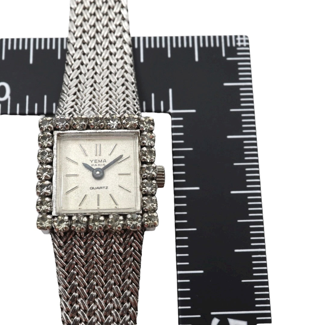 【美品/電池交換済】イエマ YEMA 腕時計 P7307 レディース スクエア ラインストーンベゼル クオーツ シルバー メッシュベルト ブレスレット ジュエリーウォッチ ドレスウォッチ アンティーク ビンテージ クラシック エレガント G10
