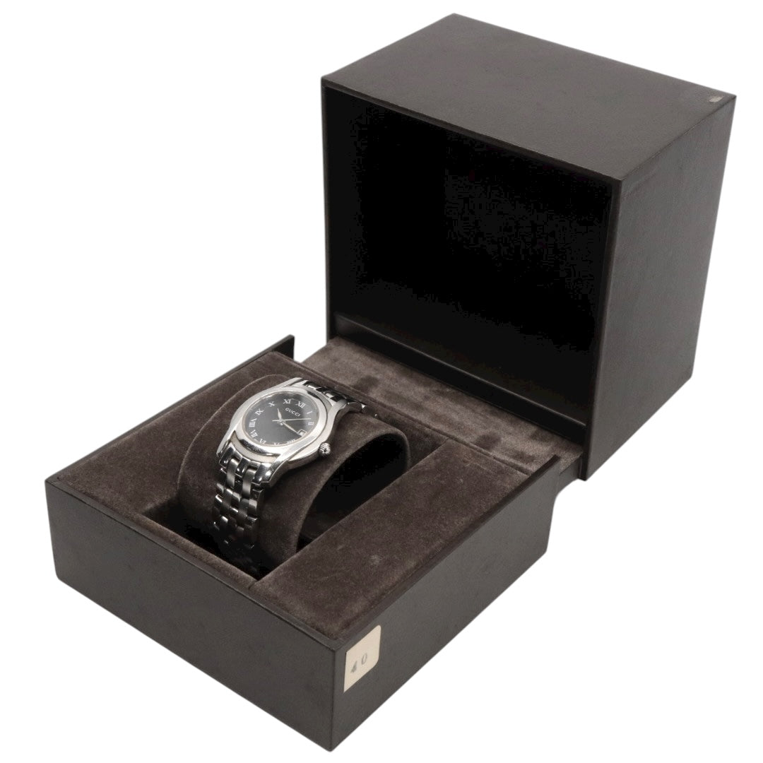 GUCCI グッチ 5500L レディース腕時計 ブラック文字盤 ローマンインデックス デイト ステンレススチール クォーツ スイス製 リンクブレス G11