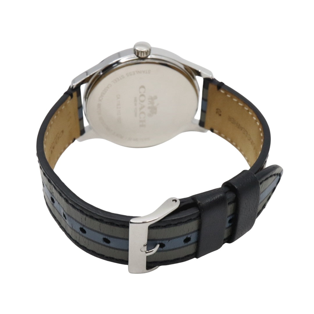 【美品】コーチ COACH 腕時計 メンズ チャールズ Charles ブラック シルバー マルチカラー ストライプ レザー CA.118.2.112.1537 クォーツ アナログ 3針 ビジネス カジュアル シンプル 個性的 希少 ビッグフェイス G11