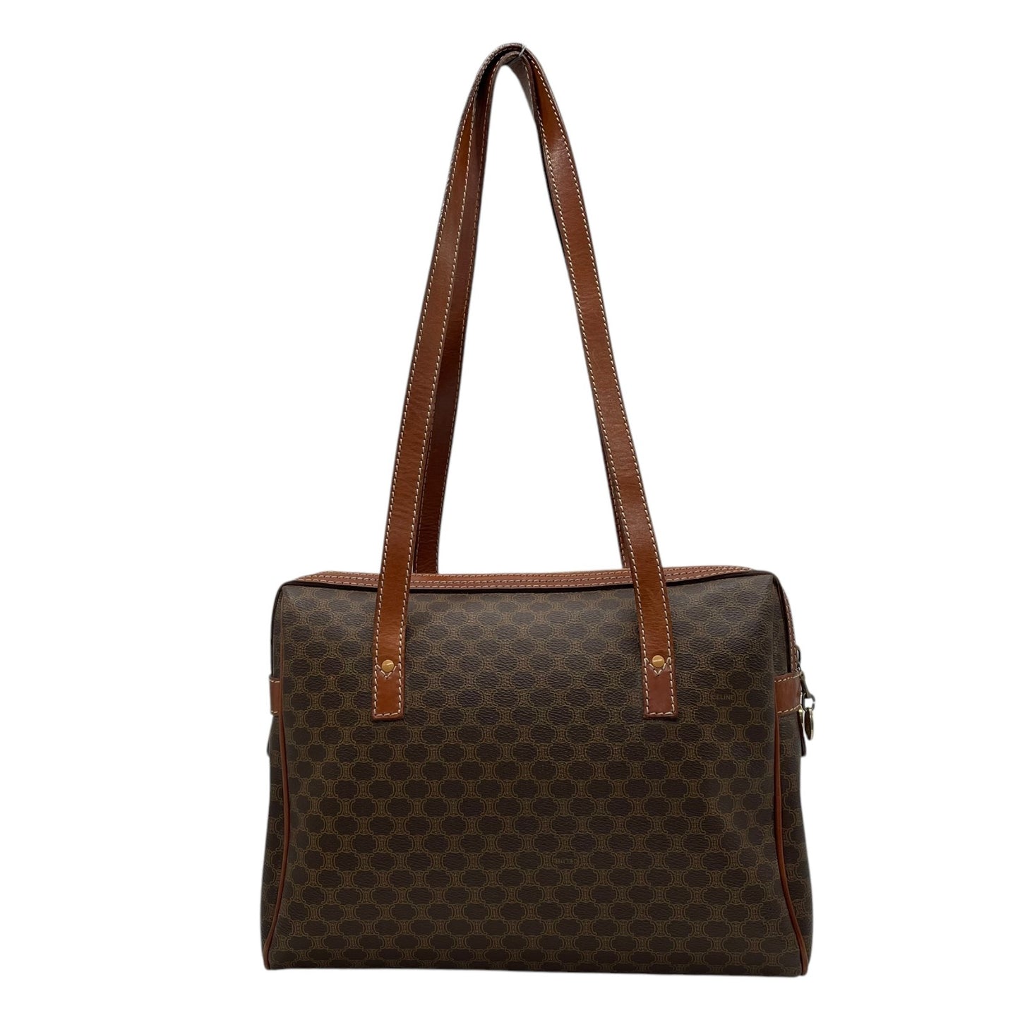CELINE セリーヌ オールドセリーヌ マカダム柄 ハンドバッグ ショルダーバッグ ワンショルダー 肩掛け PVC レザー 本革 ブラウン 茶色 ゴールド金具 ファスナー開閉 ヴィンテージ K12