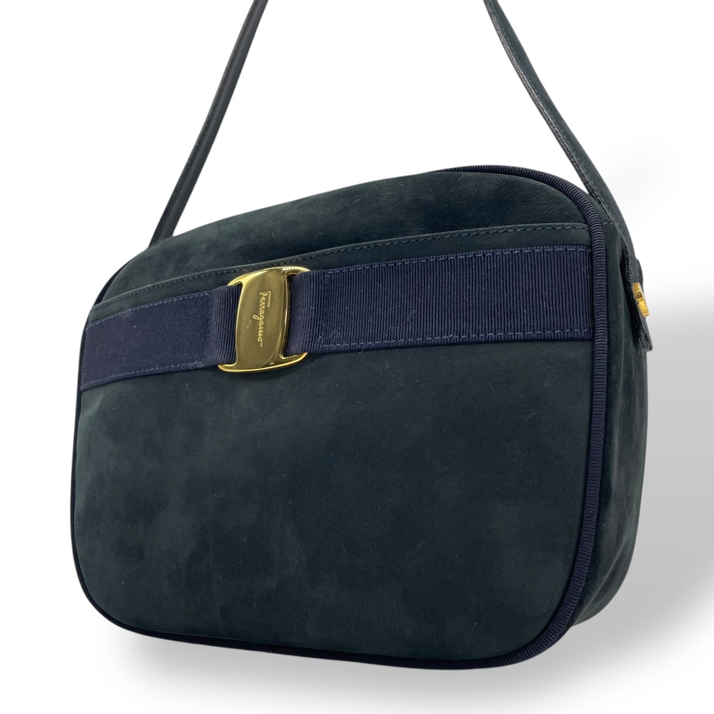 Authentic Salvatore Ferragamo Vara Shoulder Bag Navy Crossbody Strap Adjustable Gold Hardware Women's