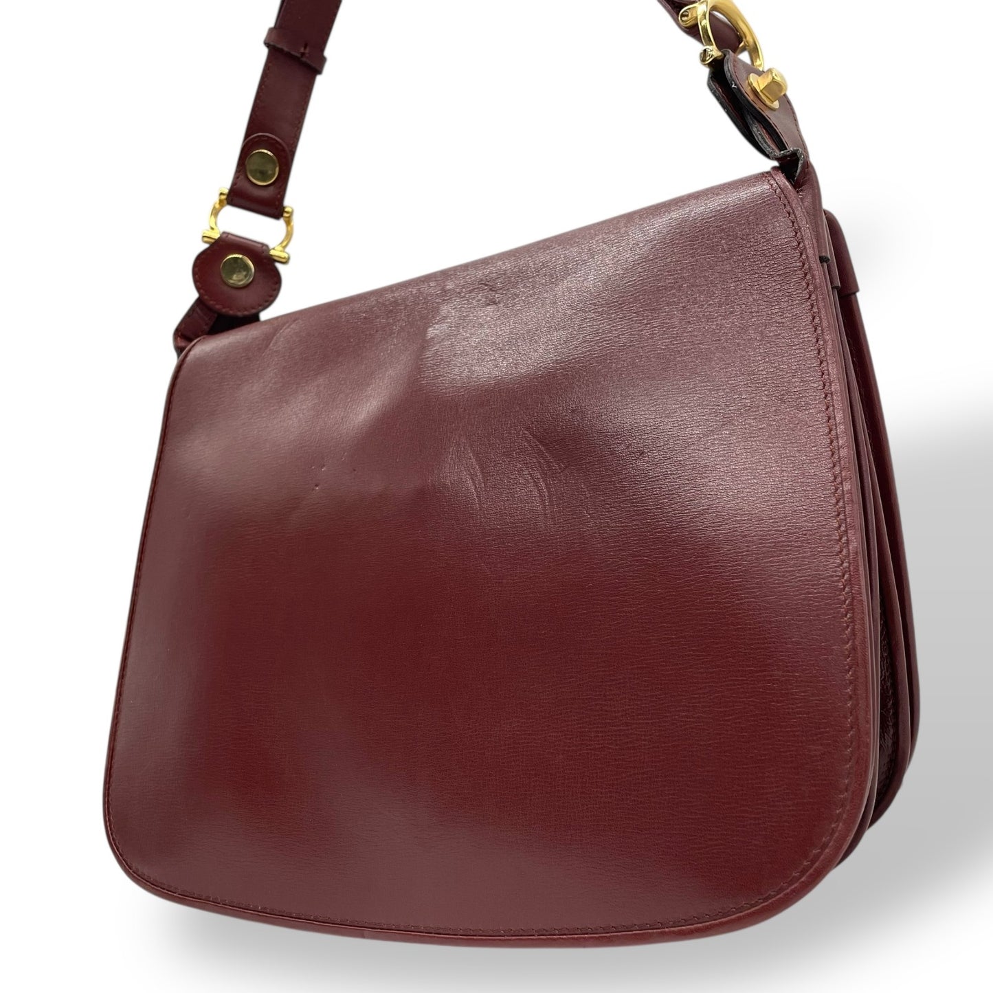 Authentic Cartier Must Line Shoulder Bag Crossbody Burgundy Wine Red Gold Hardware Leather Vintage Women's