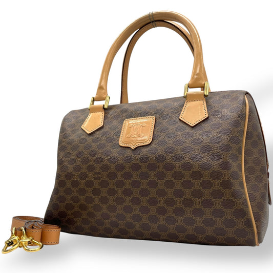 Authentic CELINE Trionf Monogram 2WAY Handbag Mini Boston Bag Shoulder Bag Leather Brown Gold Hardware Zipper Crossbody Women's