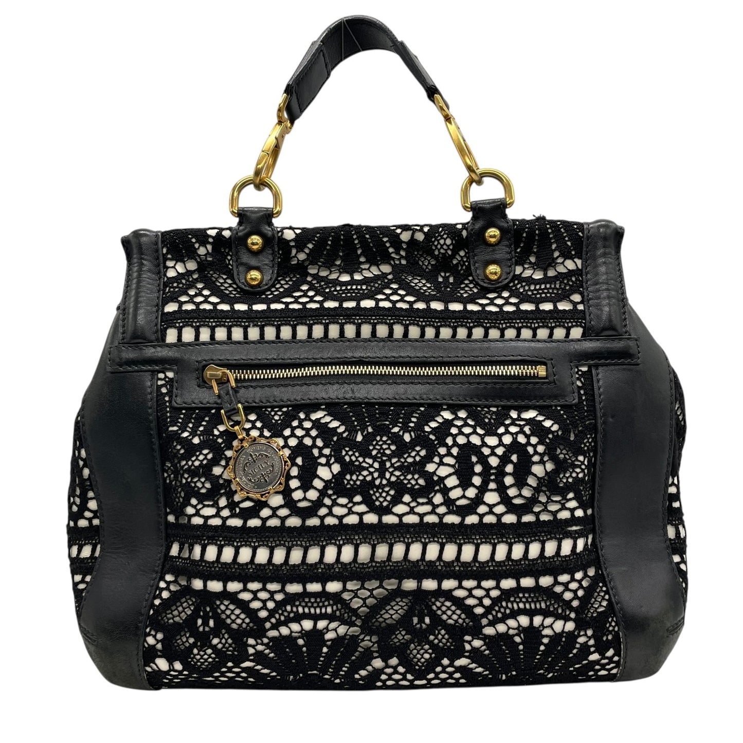 Authentic DOLCE&GABBANA Sicily Heritage 2WAY Handbag Tote Shoulder Bag Black White Ivory Lace Leather Gold Hardware Women's