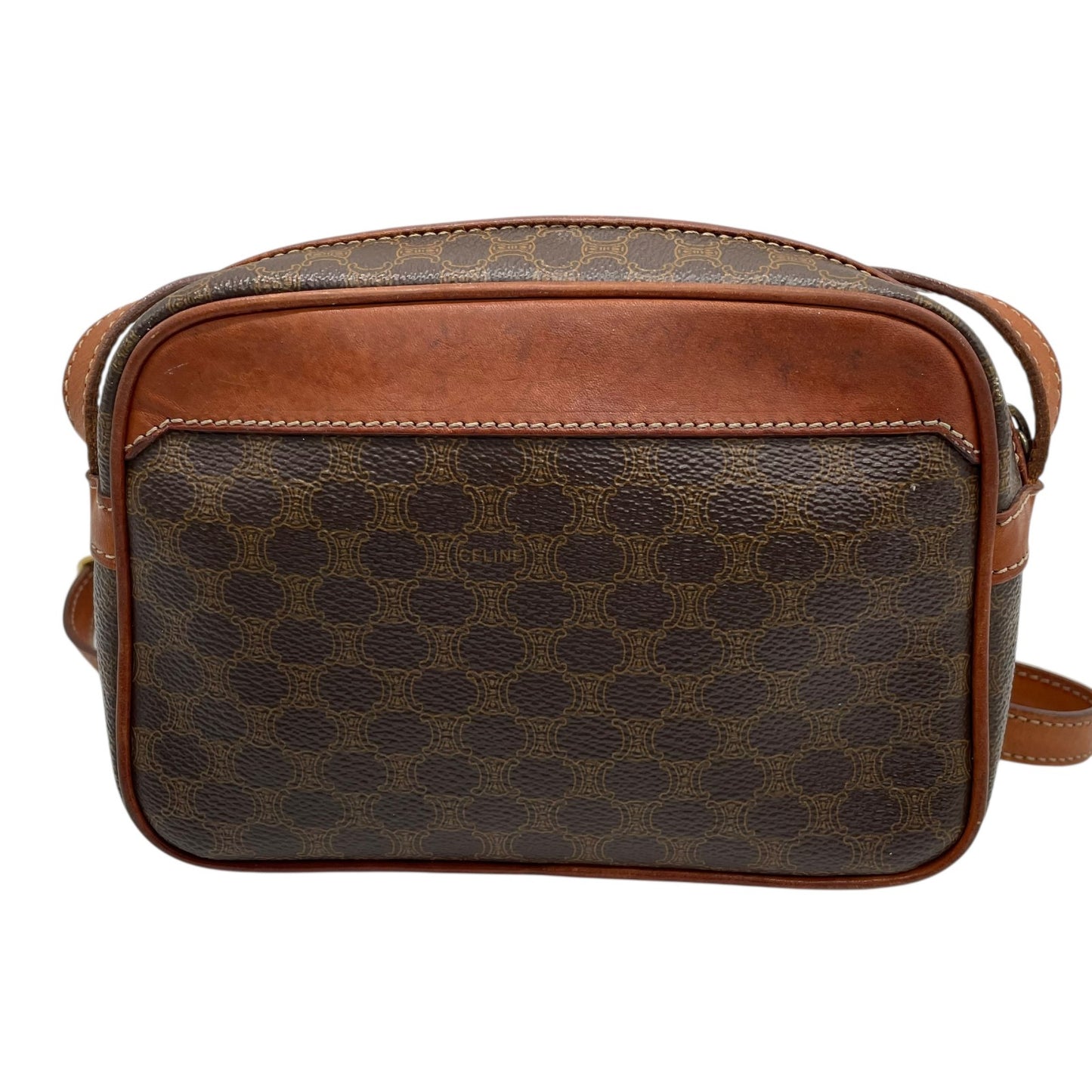 Authentic CELINE Vintage Macadam Shoulder Bag Trionf Camera Bag Brown PVC Leather Gold Hardware Women's Adjustable Strap Crossbody