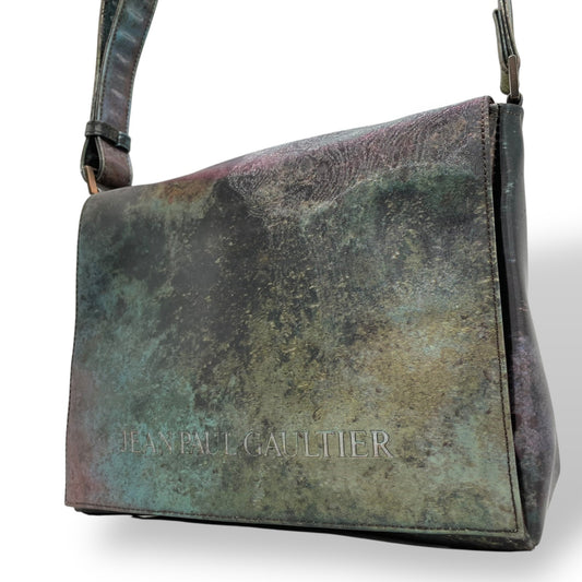 Authentic Jean Paul Gaultier V-Cyber Shoulder Bag Iridescent Green PVC Leather Bronze Hardware Unisex