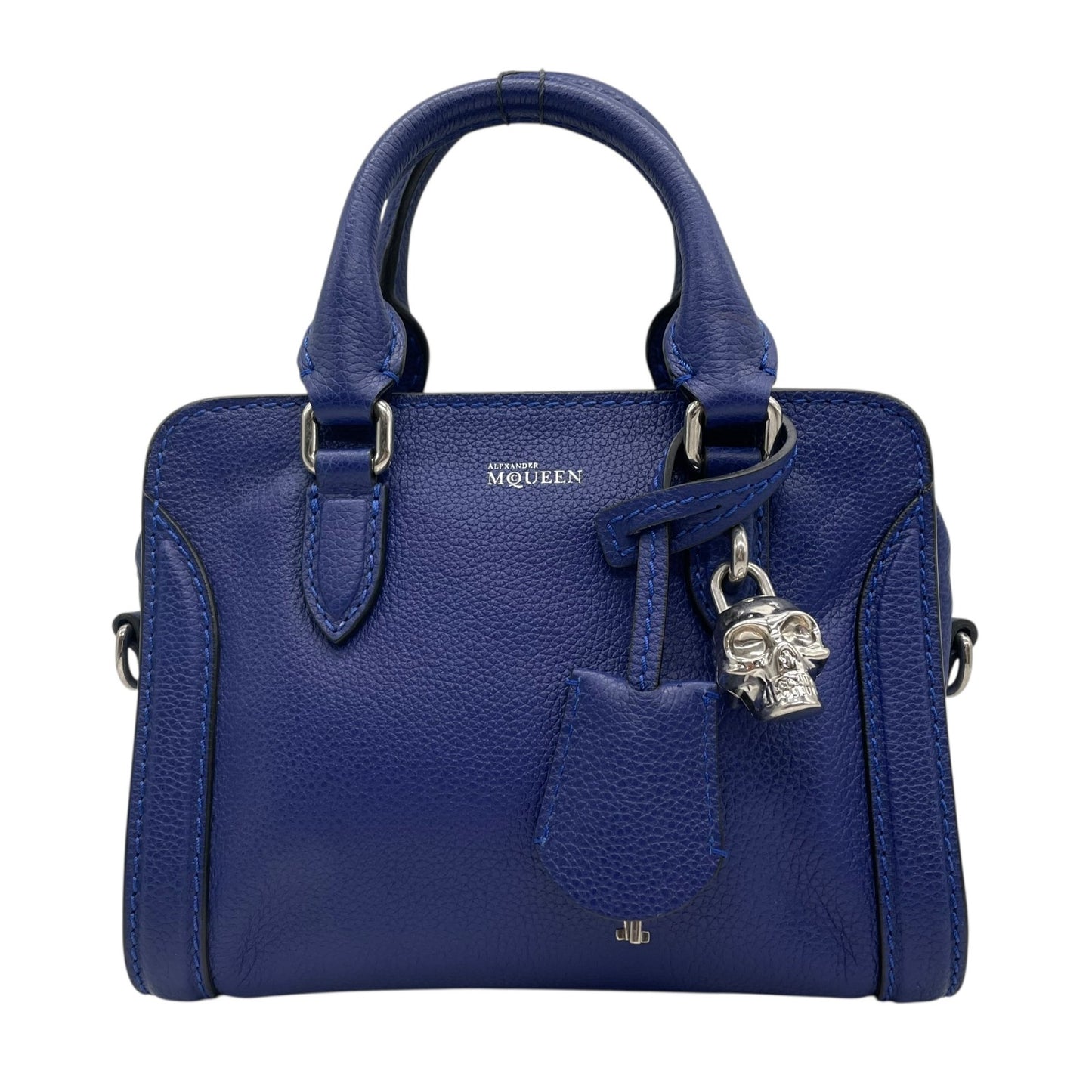 Authentic ALEXANDER McQUEEN 2WAY Handbag Shoulder Bag Skull Padlock Blue Leather Women's Crossbody