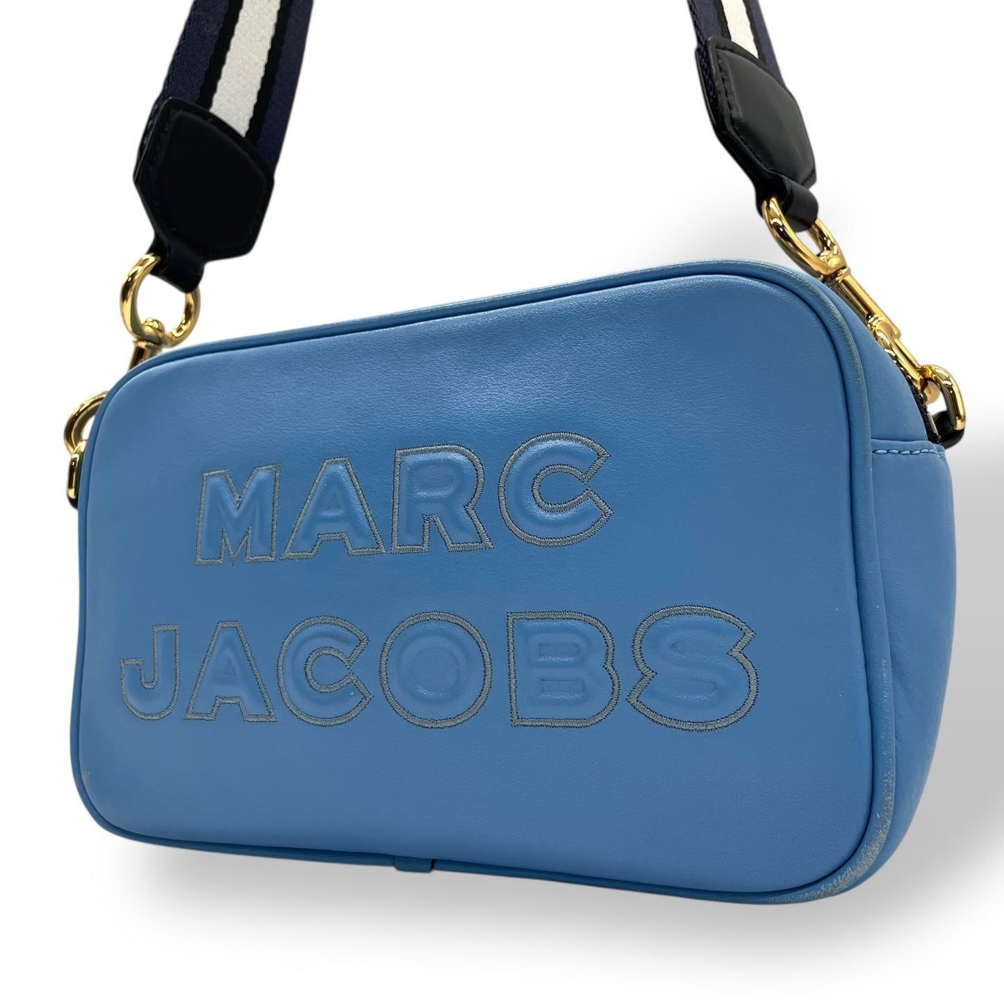 Authentic MARC JACOBS Flash Leather Crossbody Camera Bag Blue Leather Gold Hardware Women's Logo