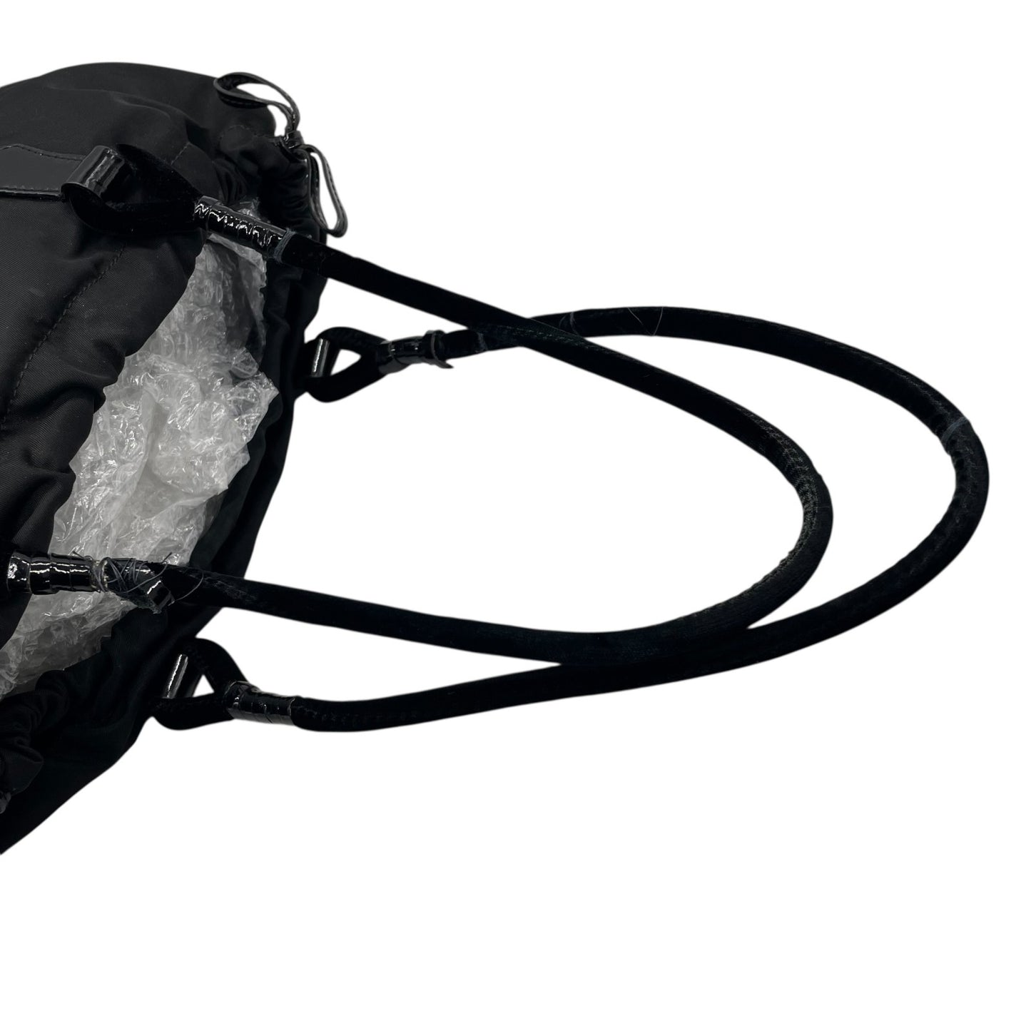 Authentic PRADA Black Handbag Tote Triangular Logo Plate Nylon Patent Leather Silver Hardware Shoulder Bag Men's Women's